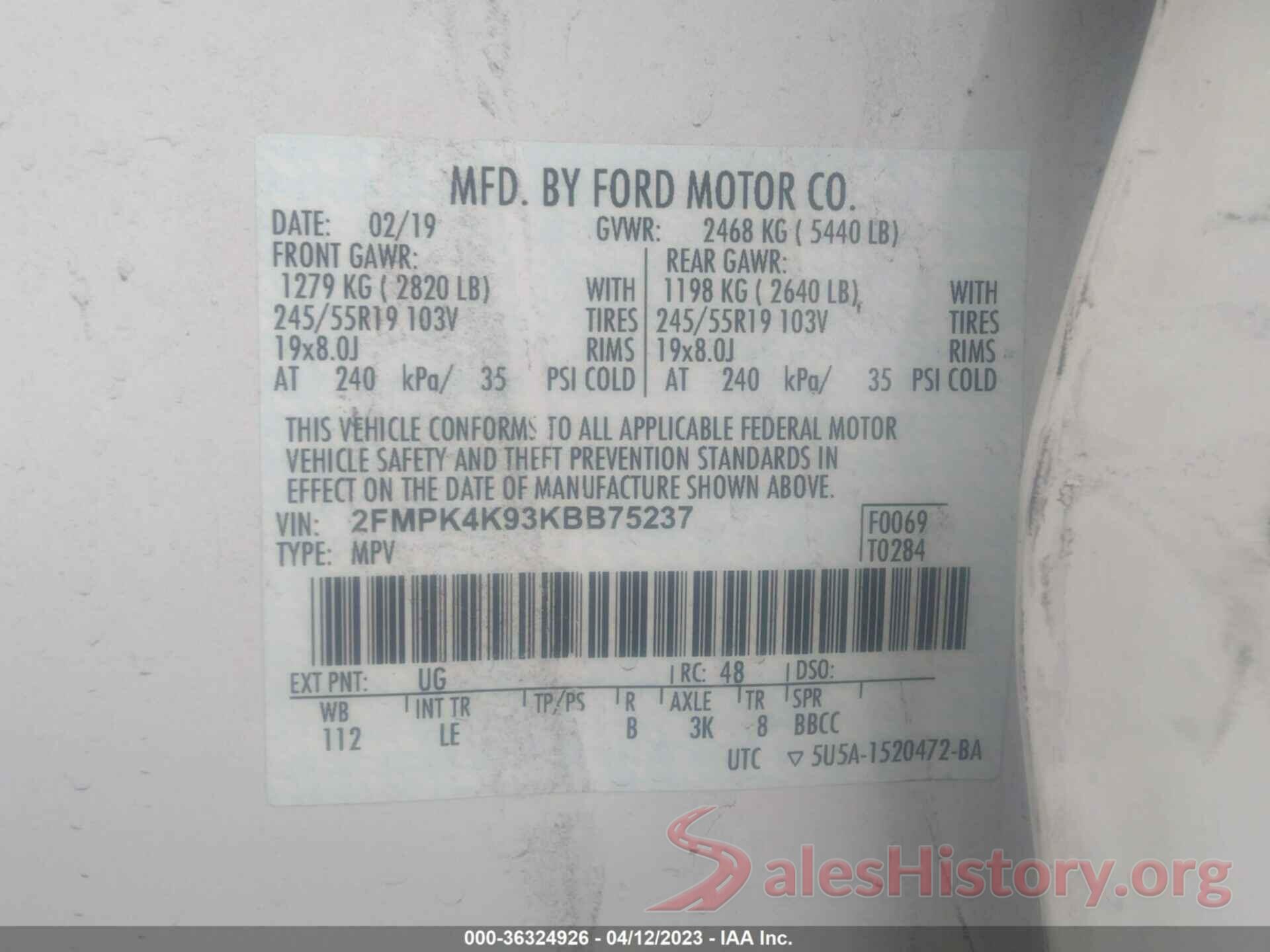 2FMPK4K93KBB75237 2019 FORD EDGE