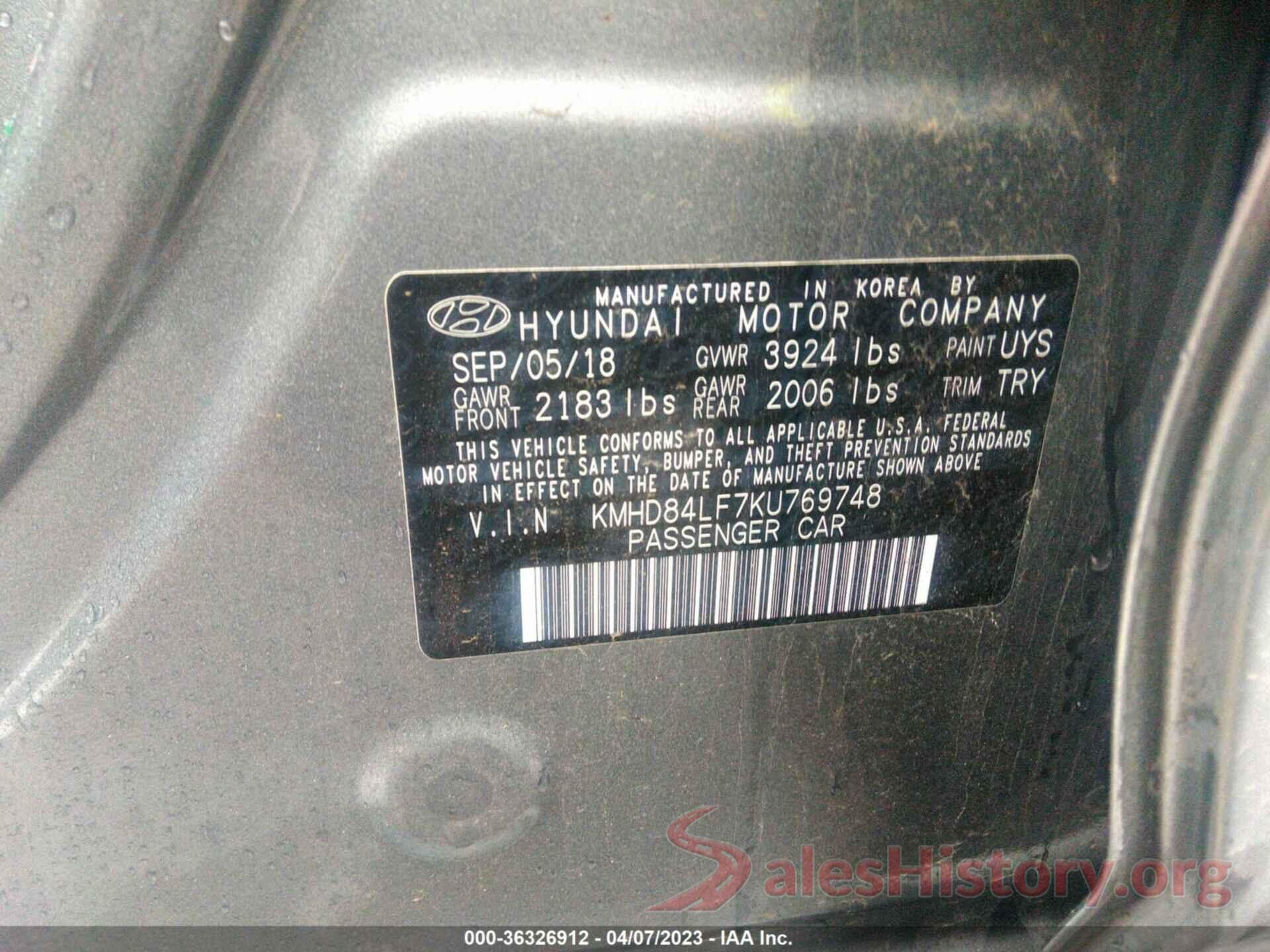 KMHD84LF7KU769748 2019 HYUNDAI ELANTRA