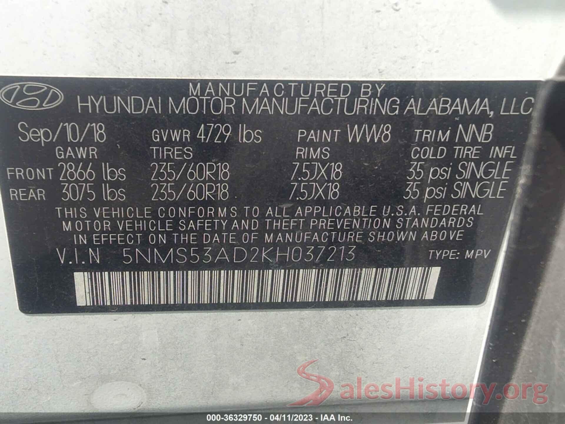 5NMS53AD2KH037213 2019 HYUNDAI SANTA FE