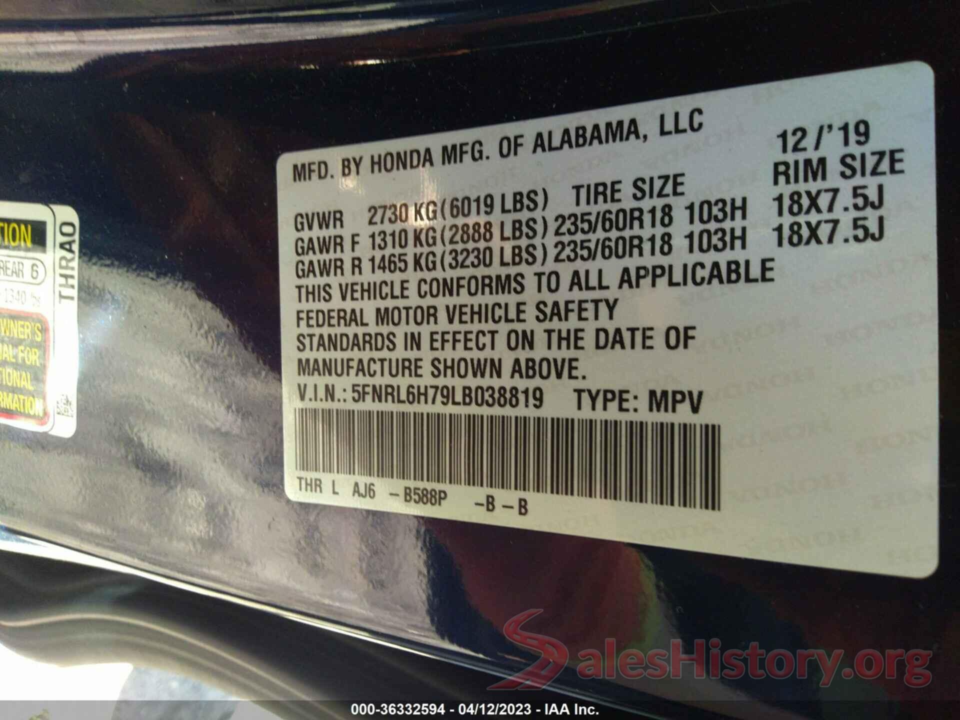 5FNRL6H79LB038819 2020 HONDA ODYSSEY