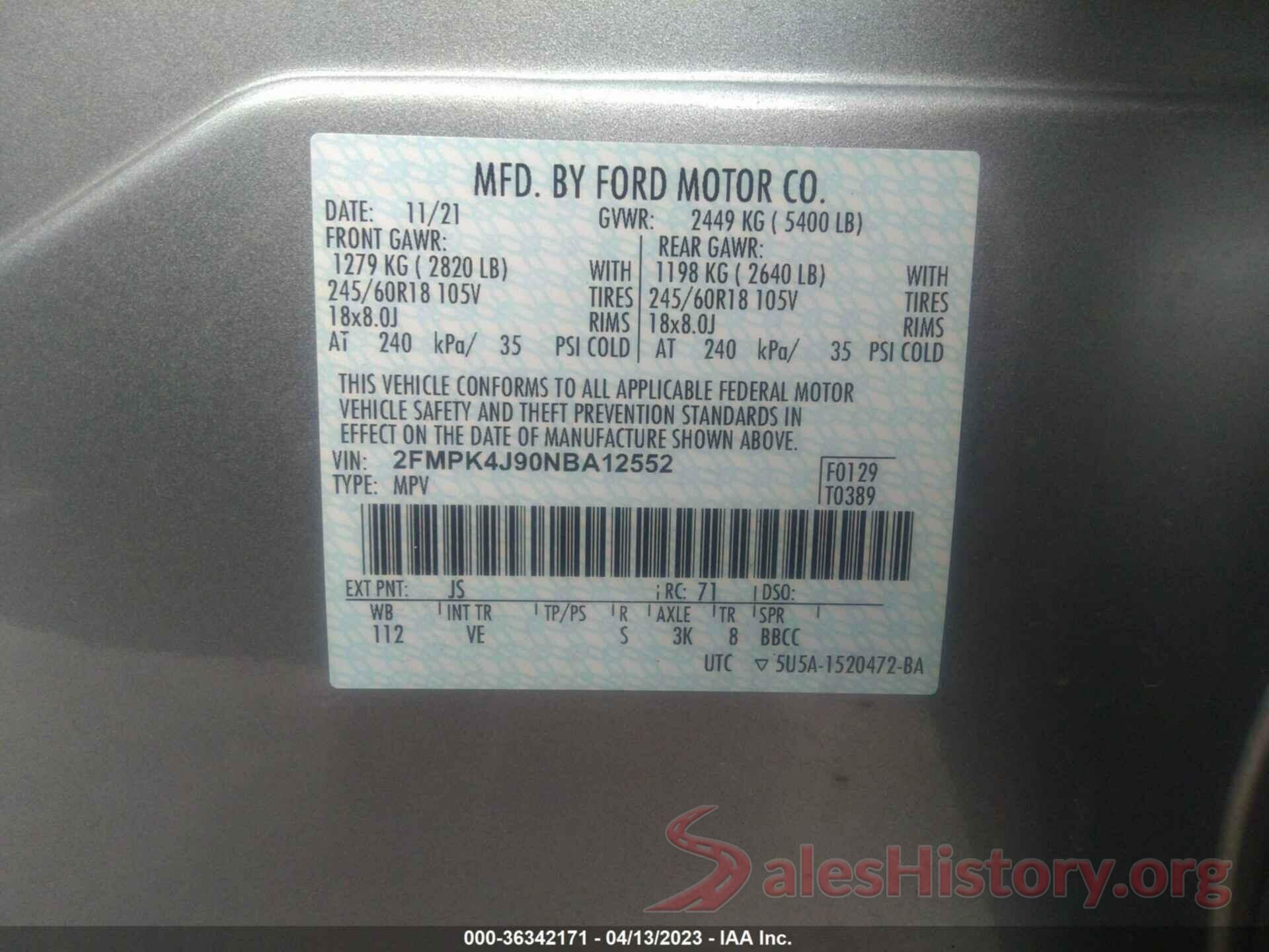 2FMPK4J90NBA12552 2022 FORD EDGE