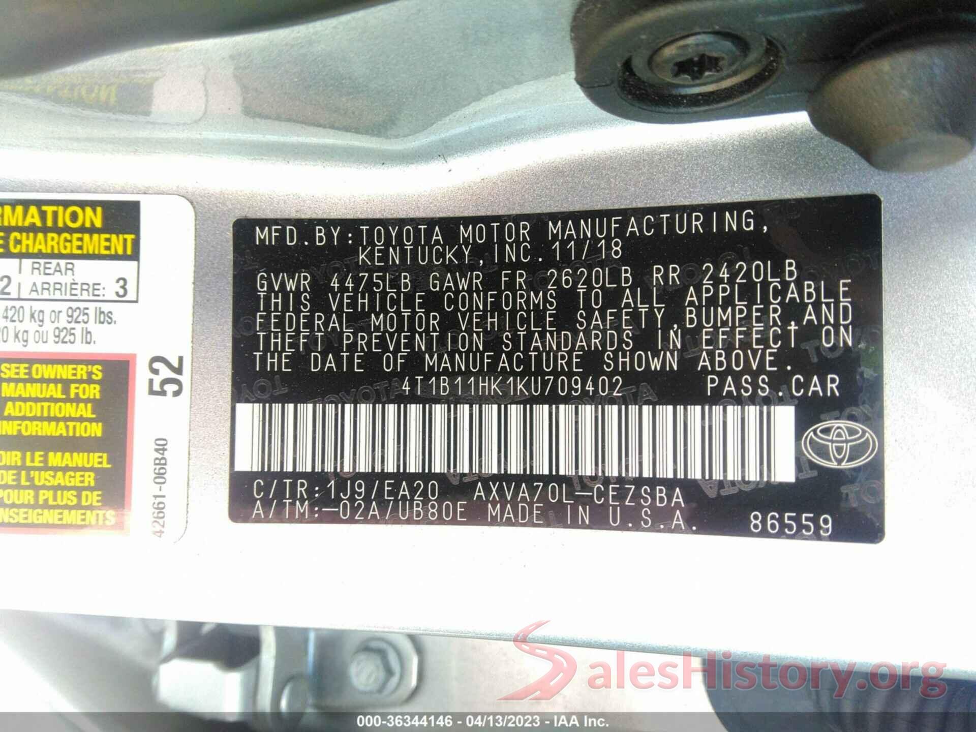 4T1B11HK1KU709402 2019 TOYOTA CAMRY