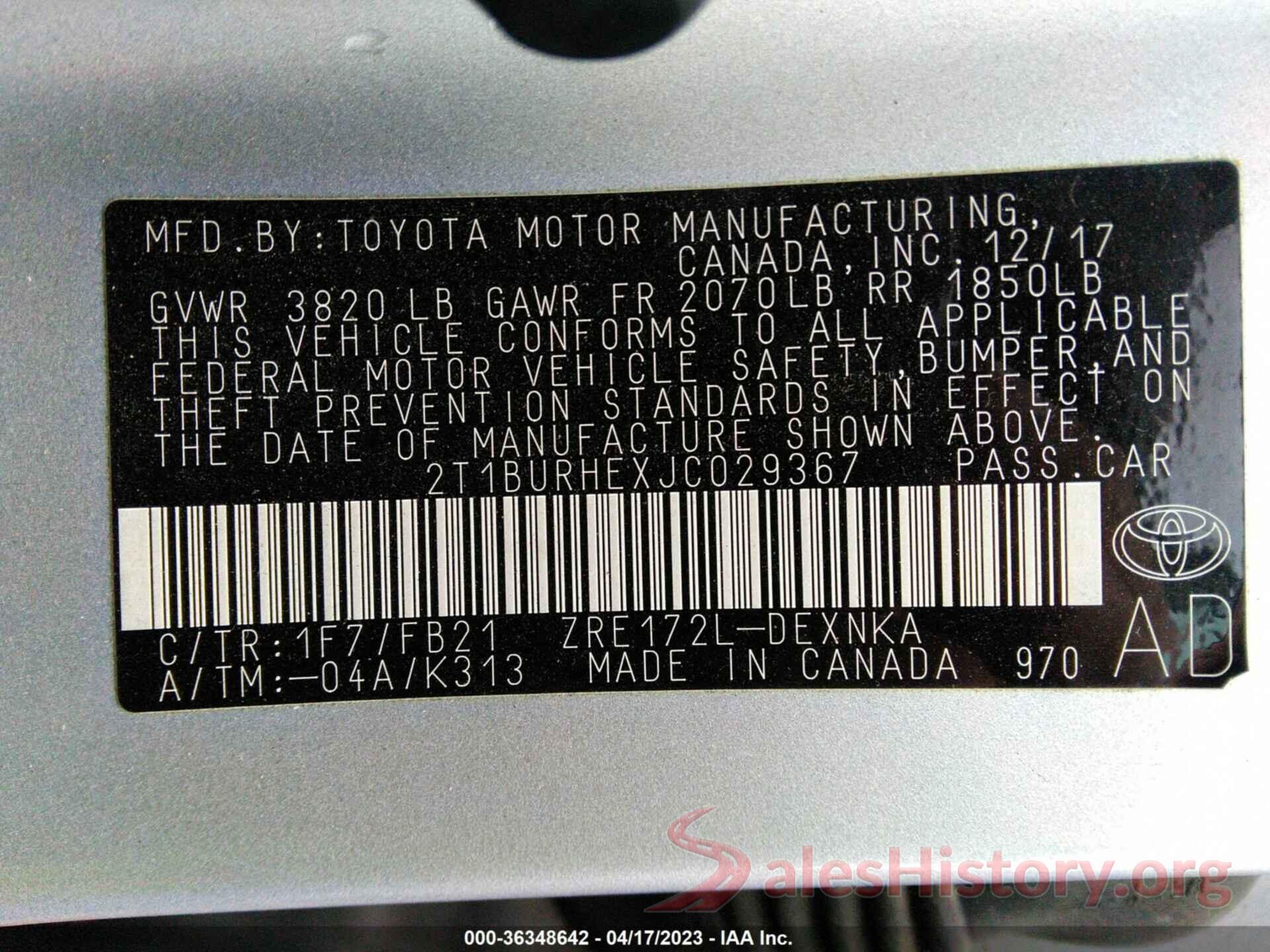 2T1BURHEXJC029367 2018 TOYOTA COROLLA