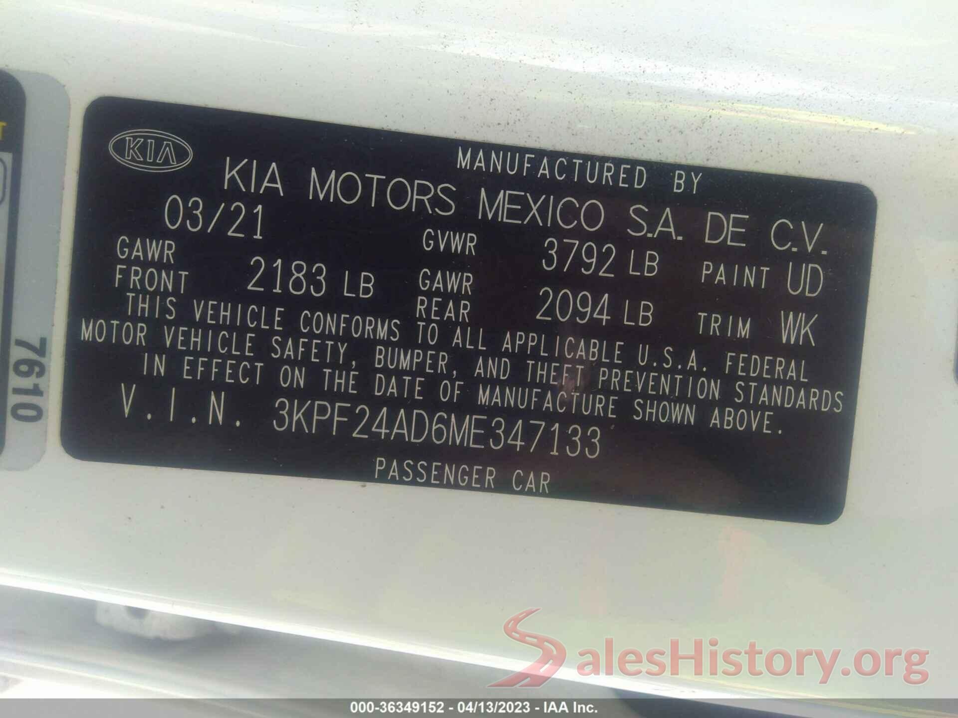 3KPF24AD6ME347133 2021 KIA FORTE