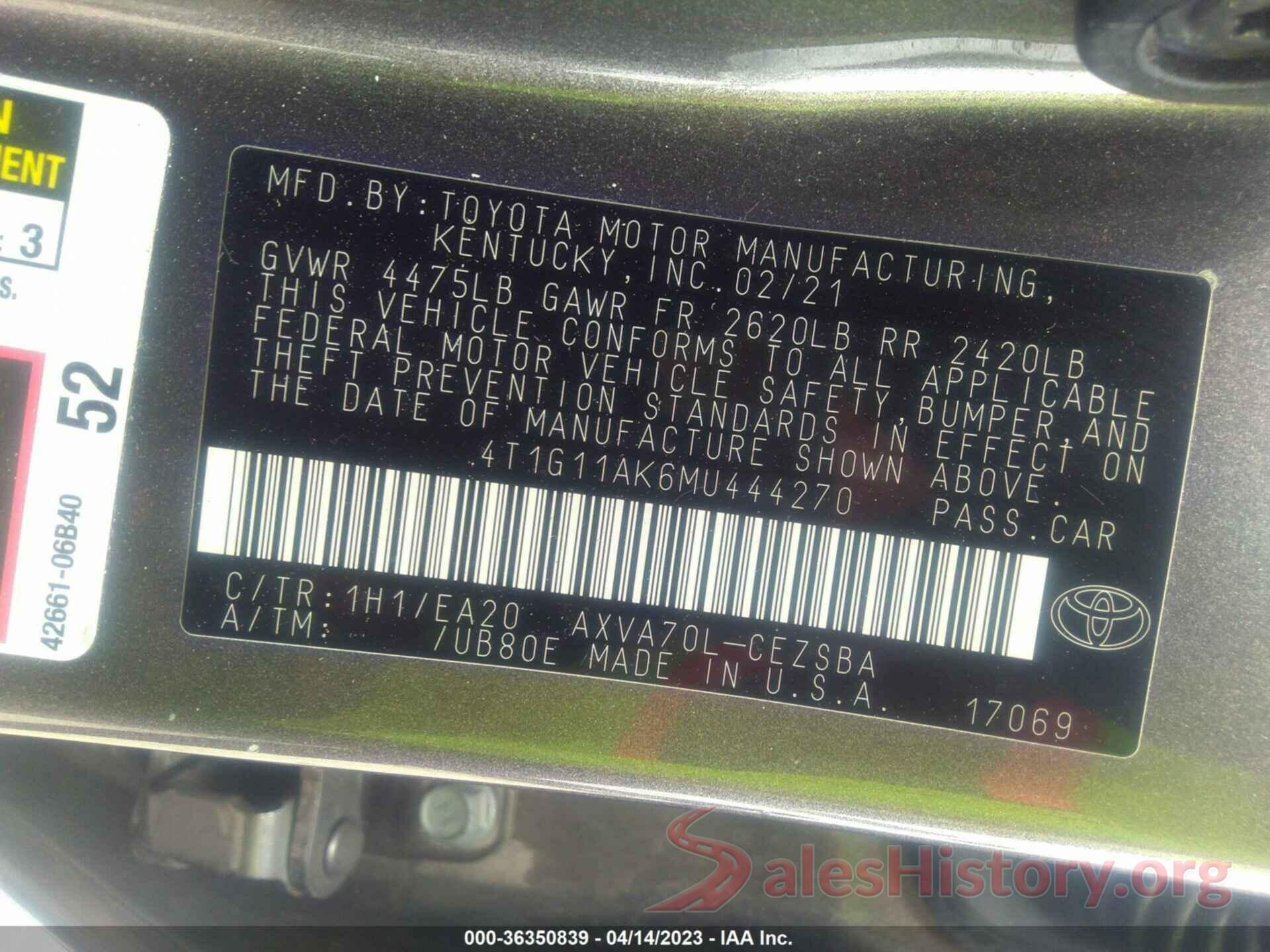 4T1G11AK6MU444270 2021 TOYOTA CAMRY