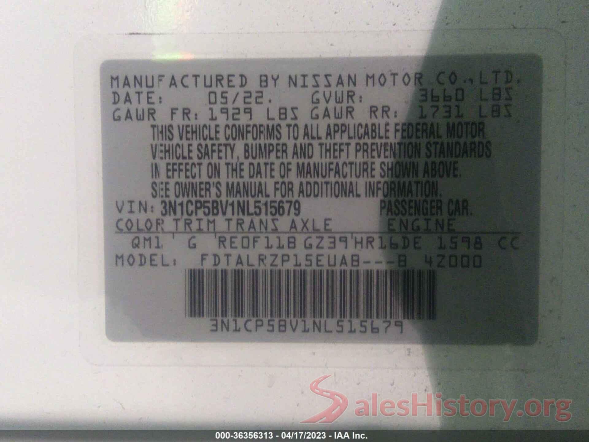 3N1CP5BV1NL515679 2022 NISSAN KICKS