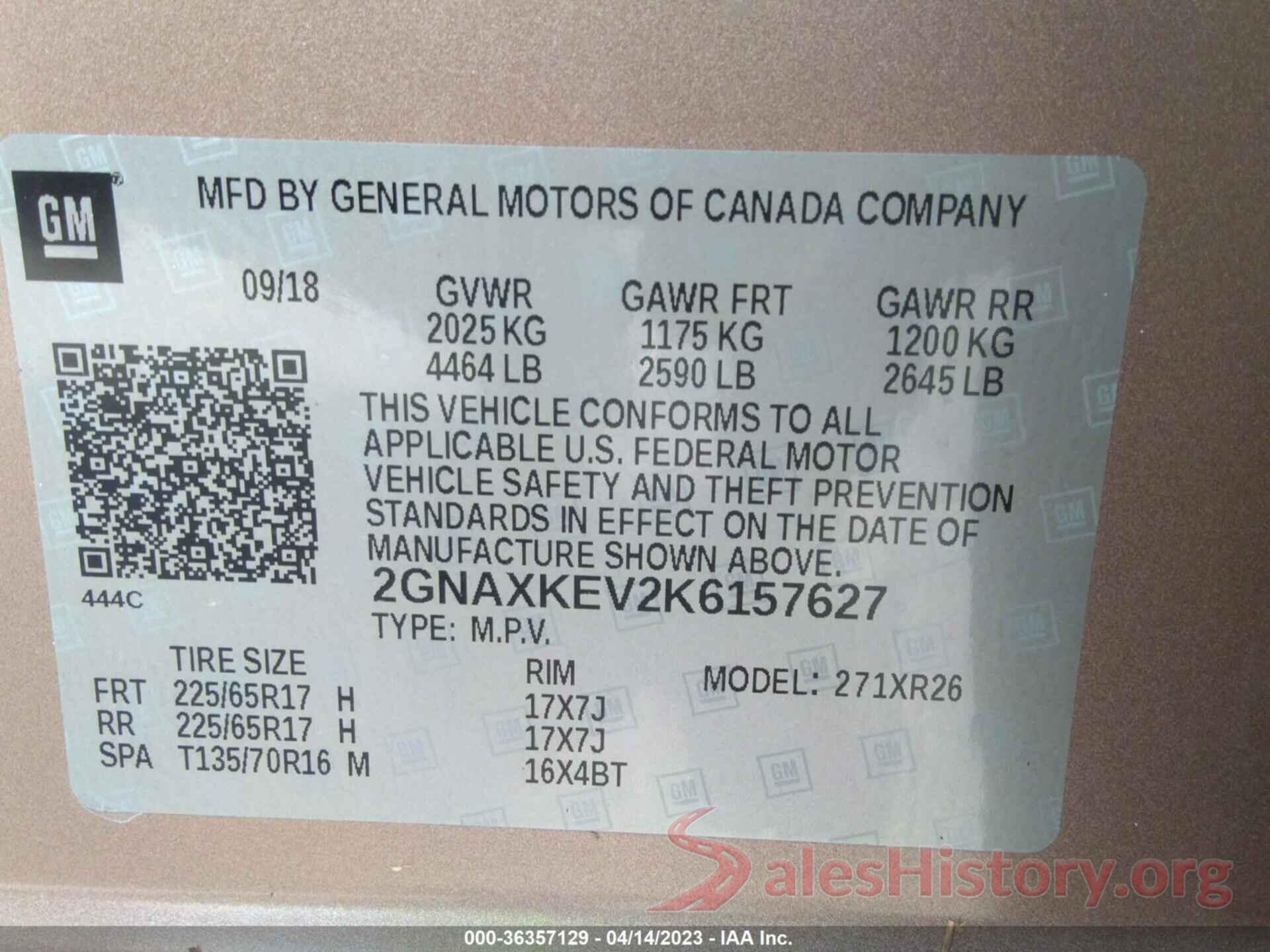 2GNAXKEV2K6157627 2019 CHEVROLET EQUINOX