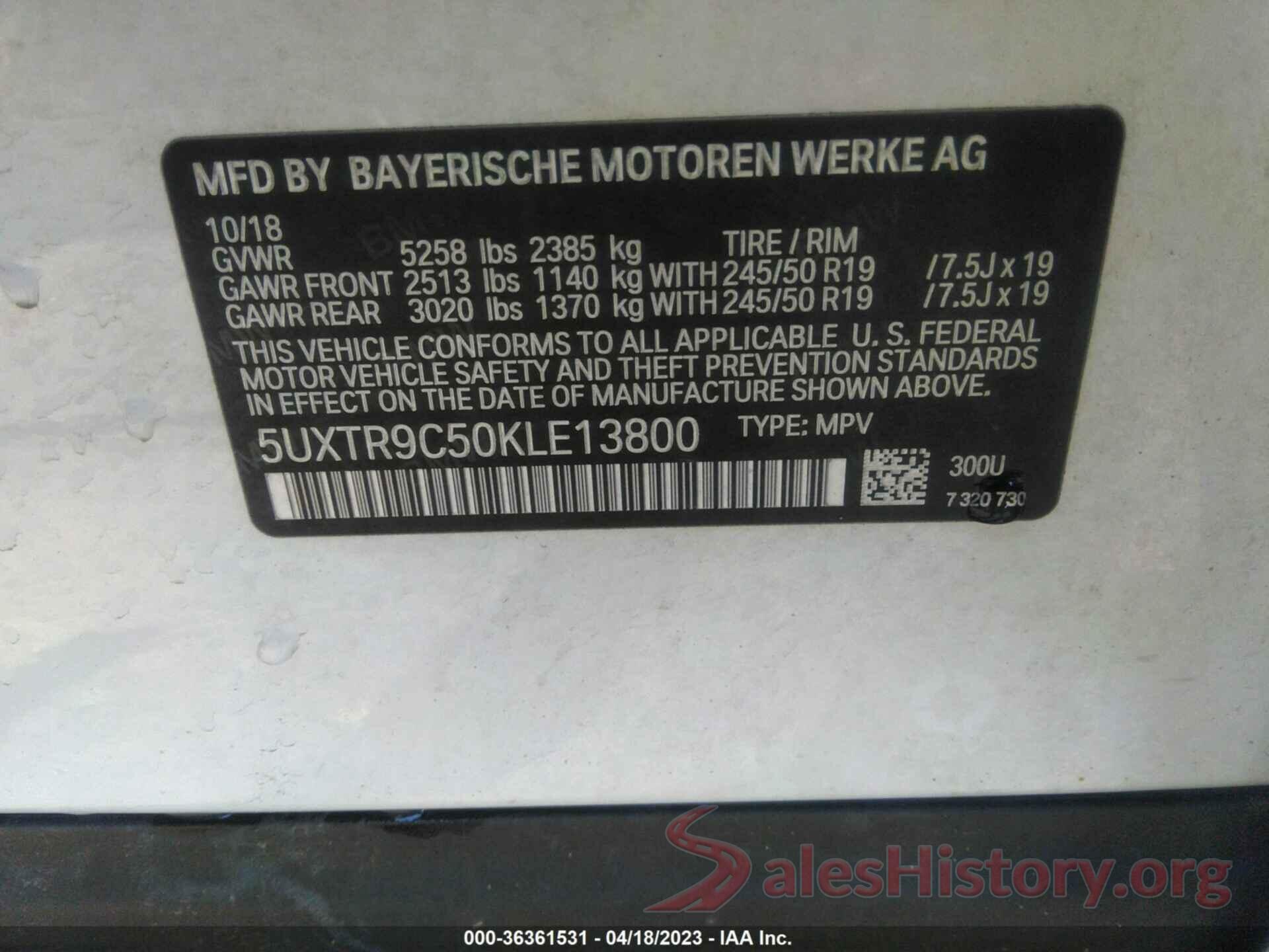 5UXTR9C50KLE13800 2019 BMW X3