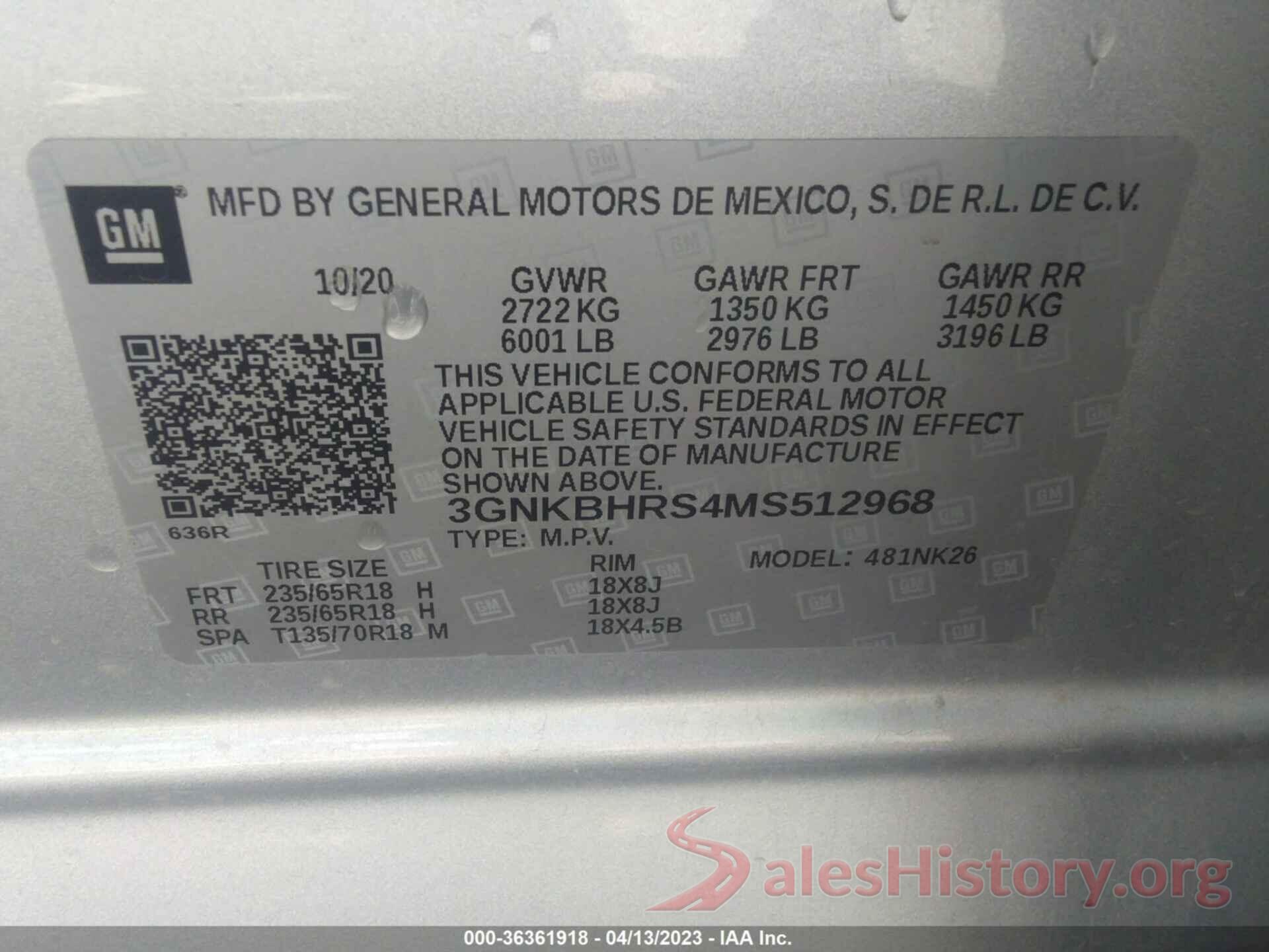 3GNKBHRS4MS512968 2021 CHEVROLET BLAZER