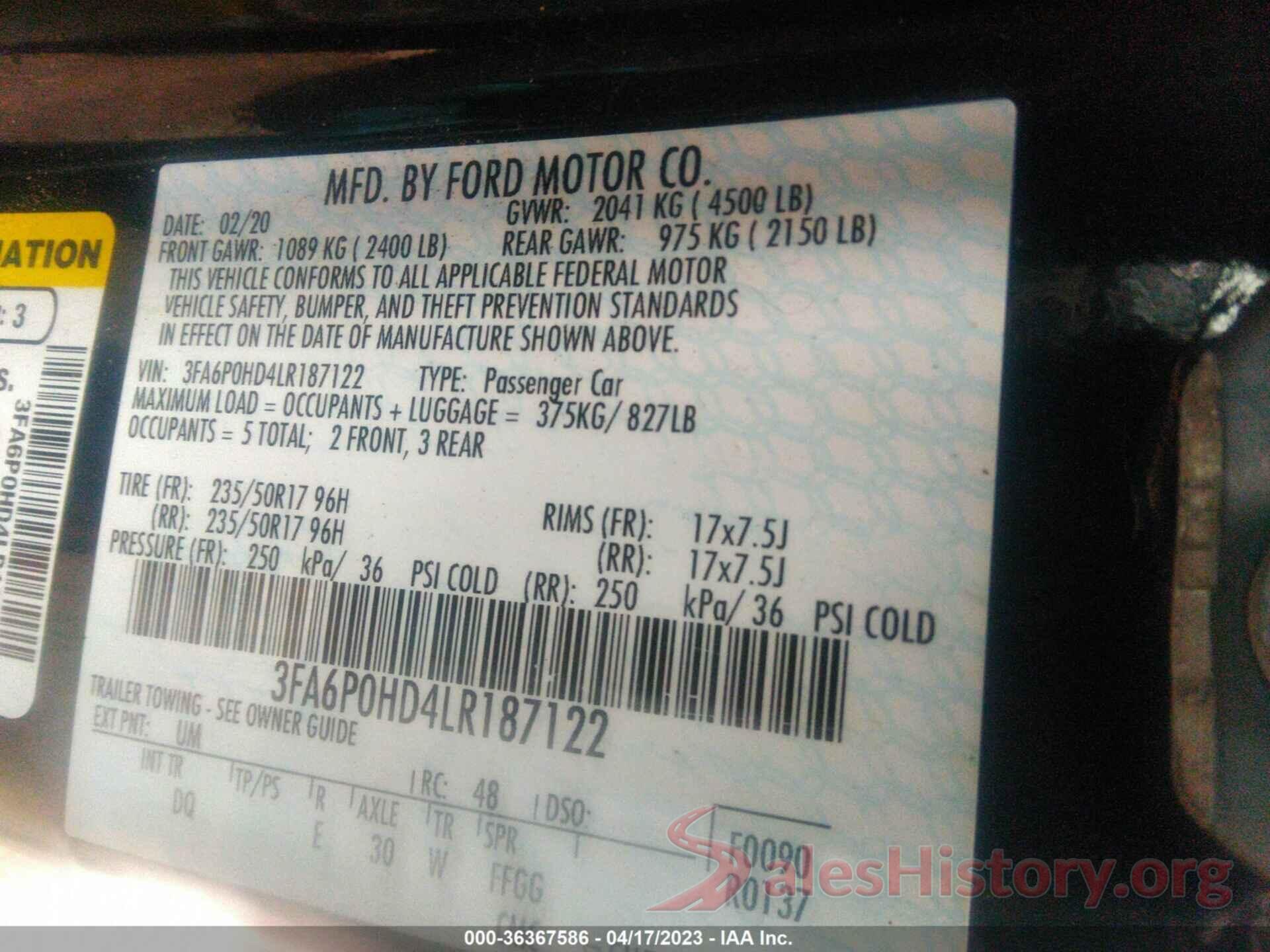 3FA6P0HD4LR187122 2020 FORD FUSION