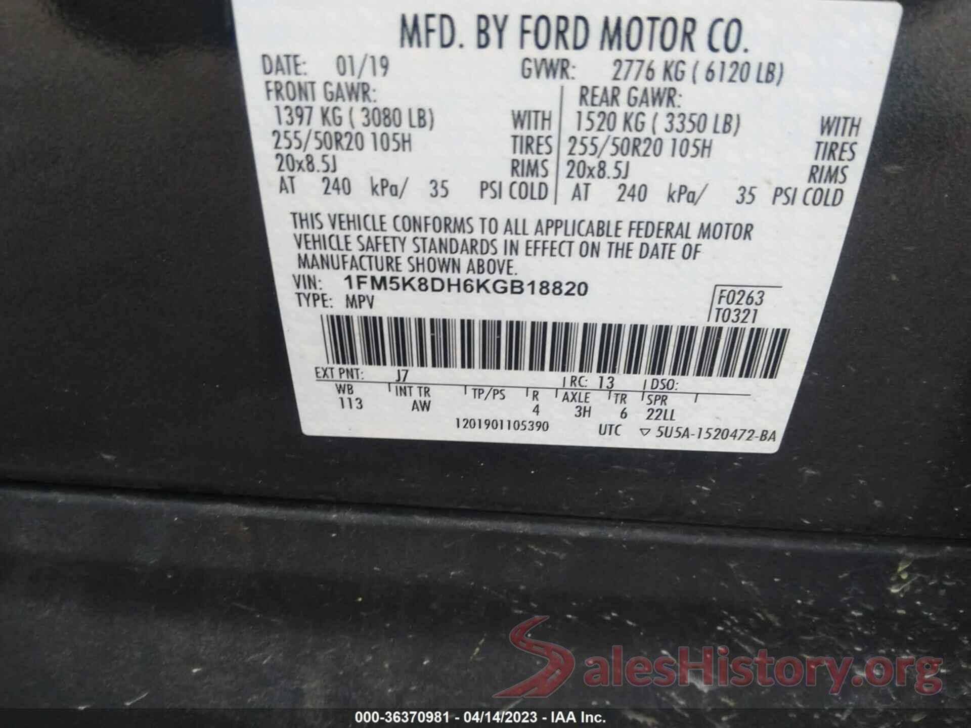 1FM5K8DH6KGB18820 2019 FORD EXPLORER