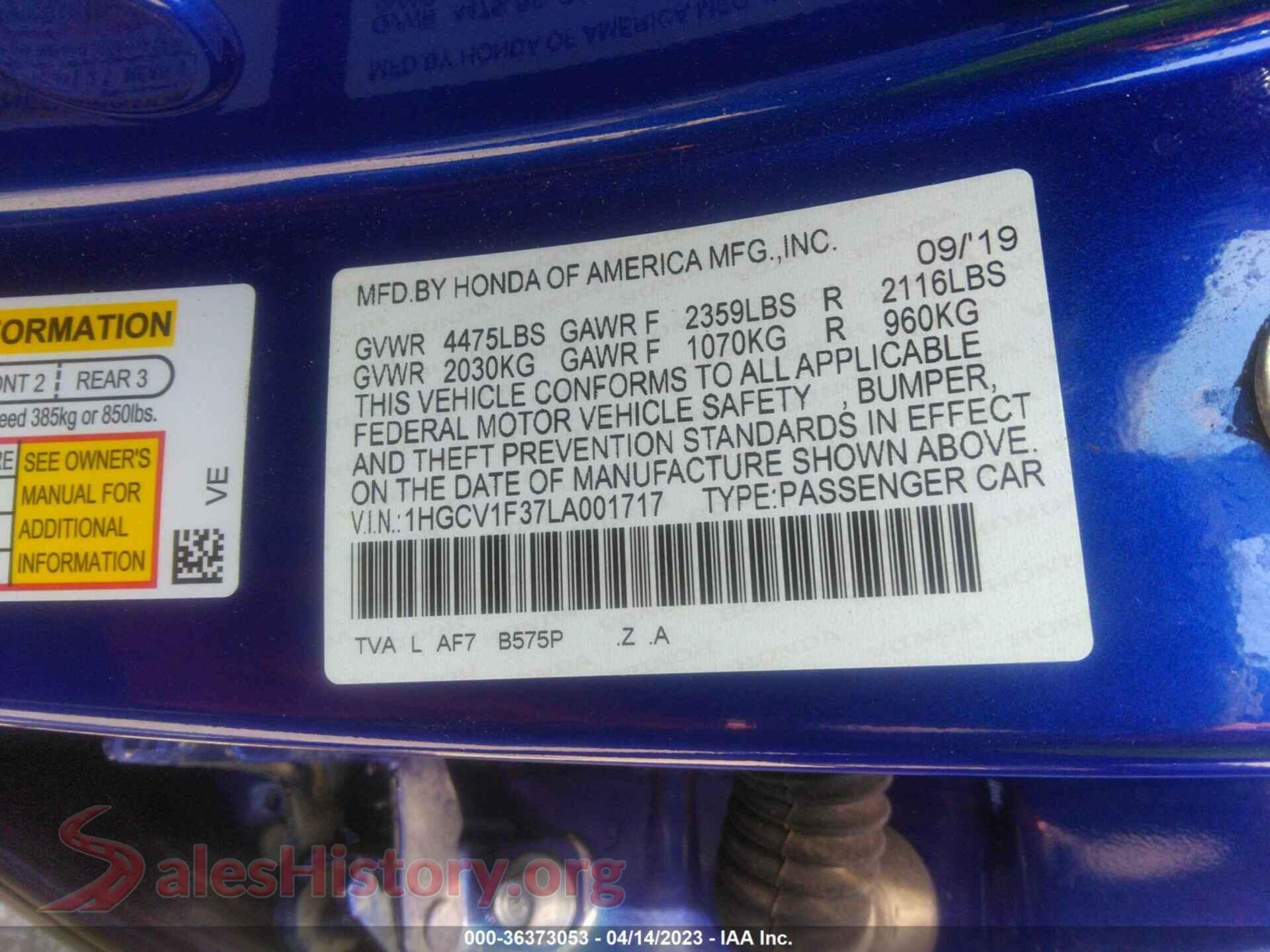 2020 HONDA ACCORD SEDAN VIN 1HGCV1F37LA001717, engine bay