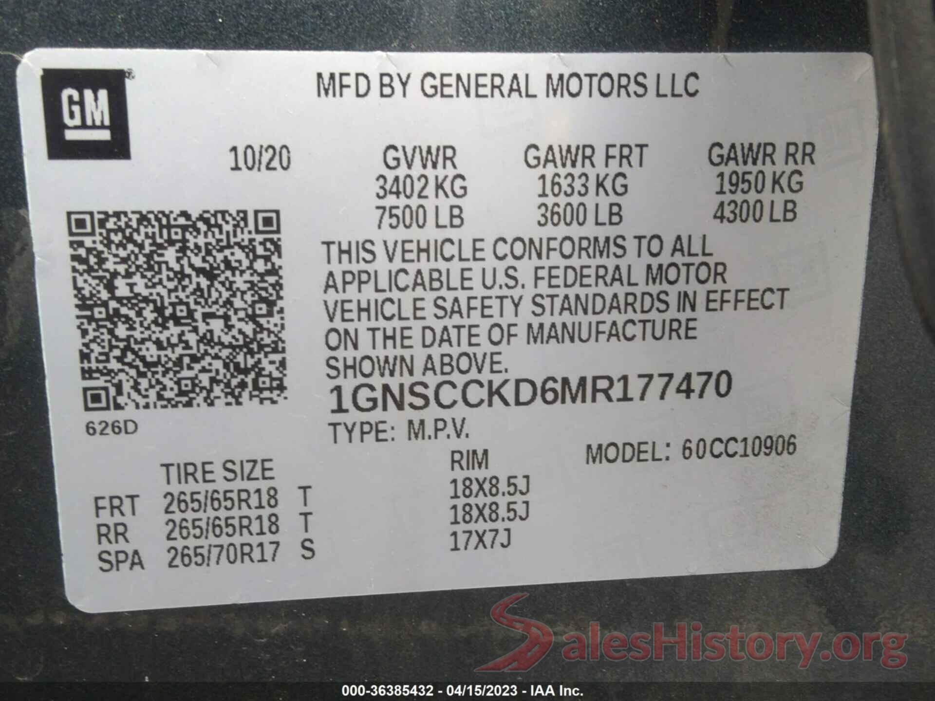 1GNSCCKD6MR177470 2021 CHEVROLET SUBURBAN