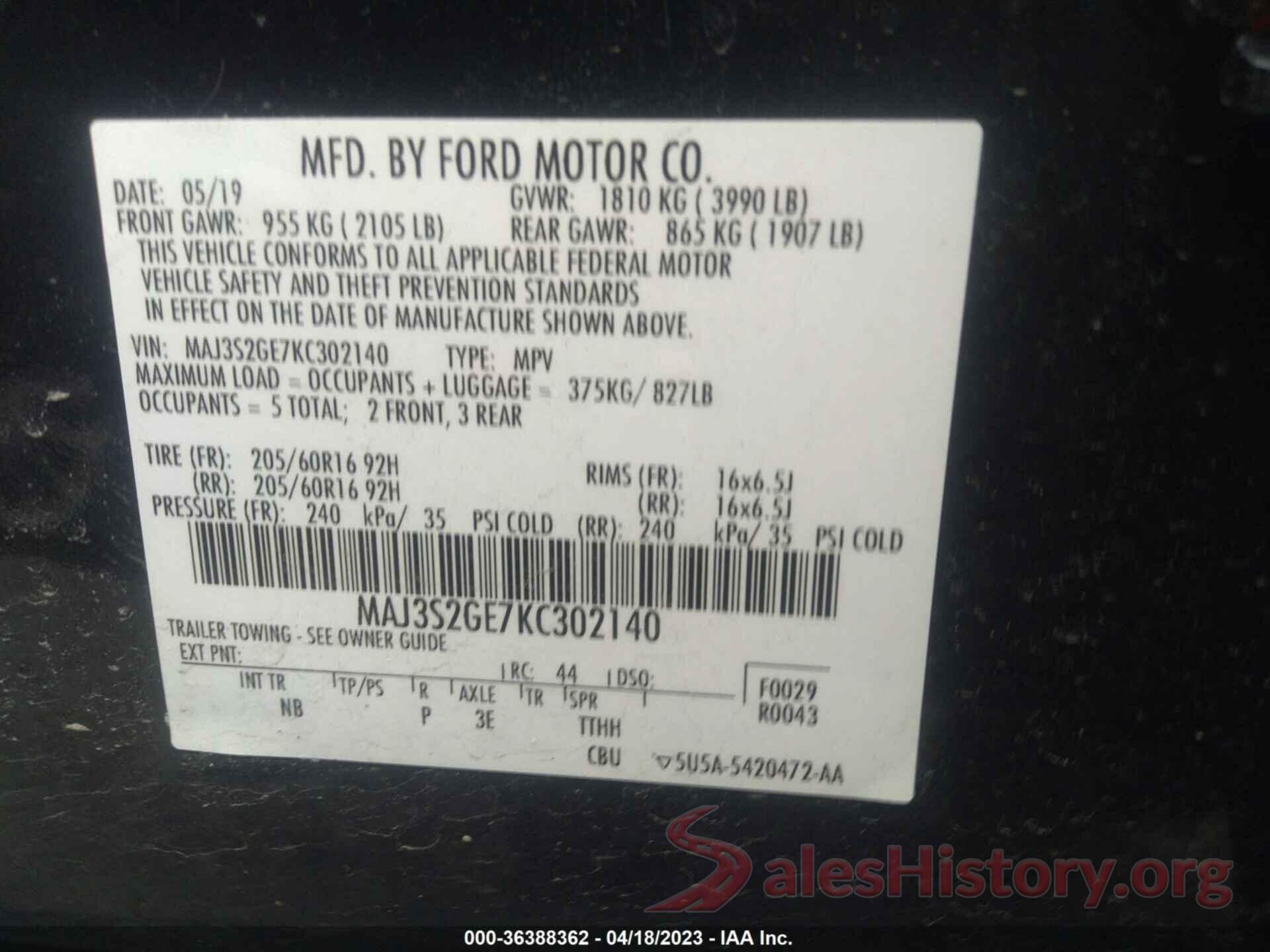 MAJ3S2GE7KC302140 2019 FORD ECOSPORT