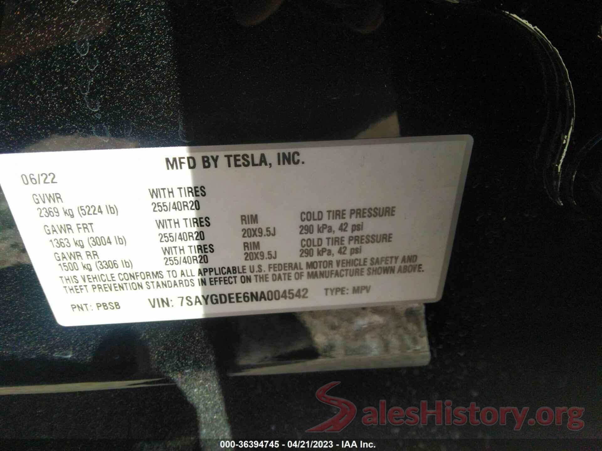 7SAYGDEE6NA004542 2022 TESLA MODEL Y