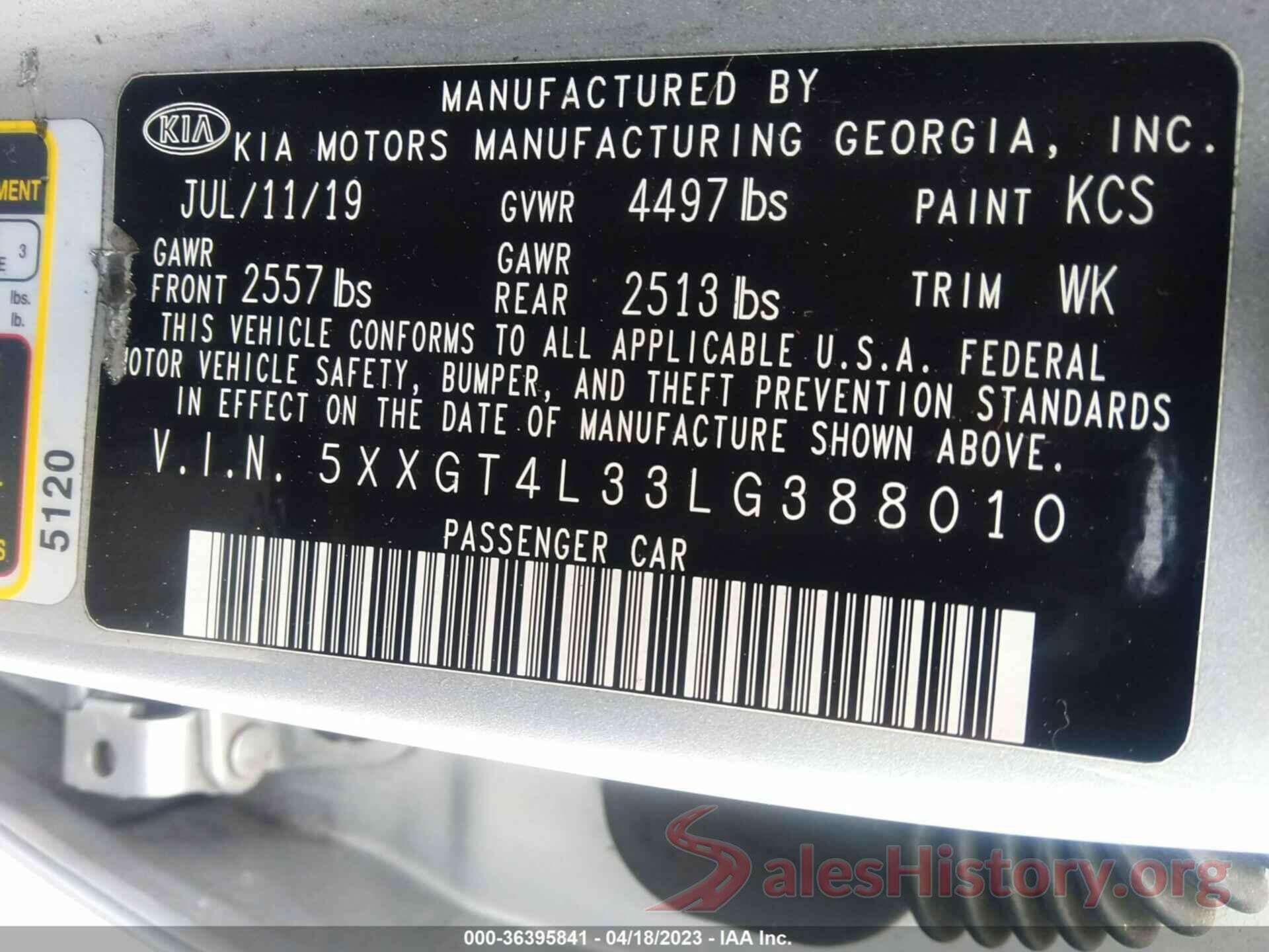 5XXGT4L33LG388010 2020 KIA OPTIMA