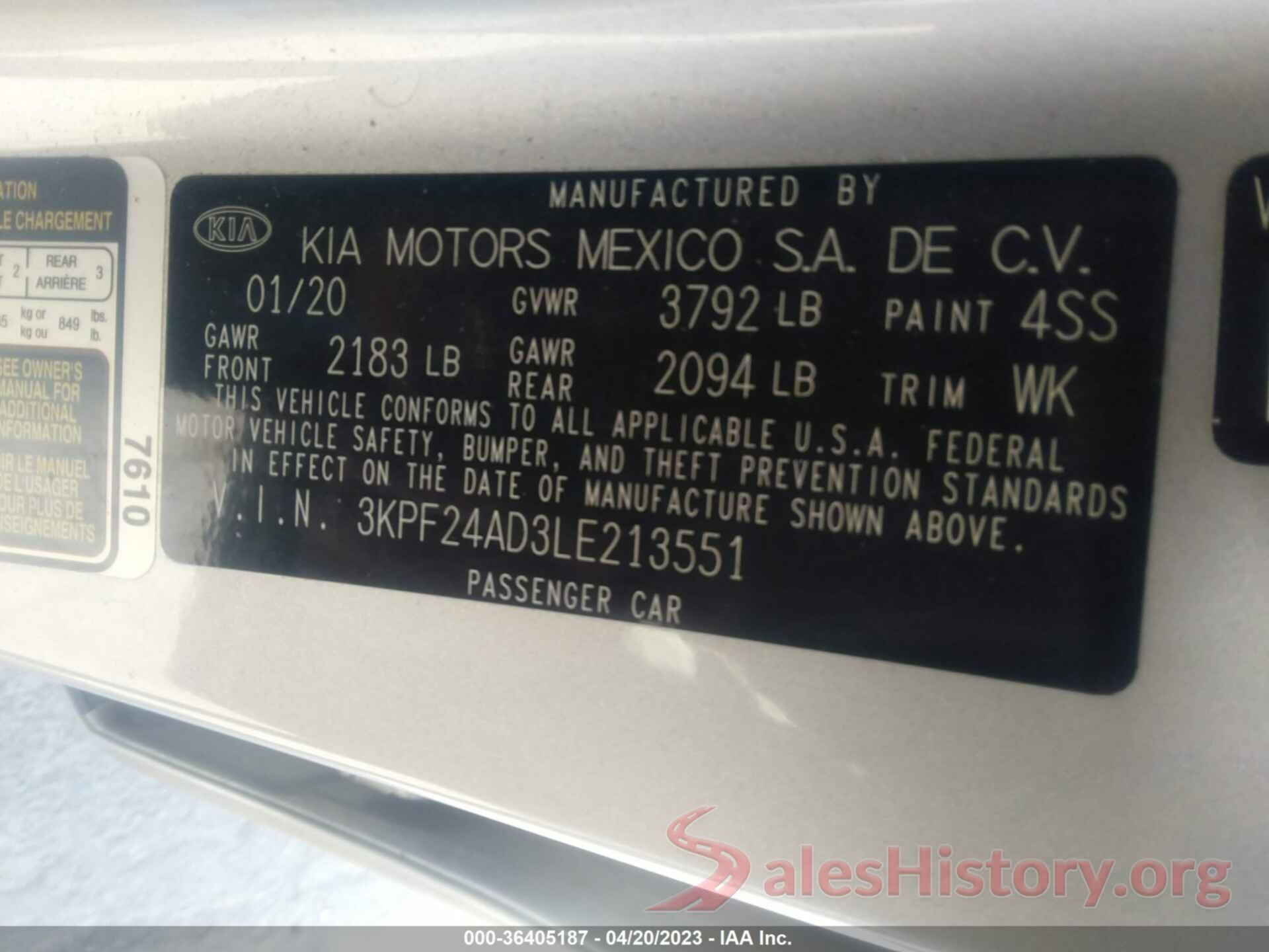 3KPF24AD3LE213551 2020 KIA FORTE