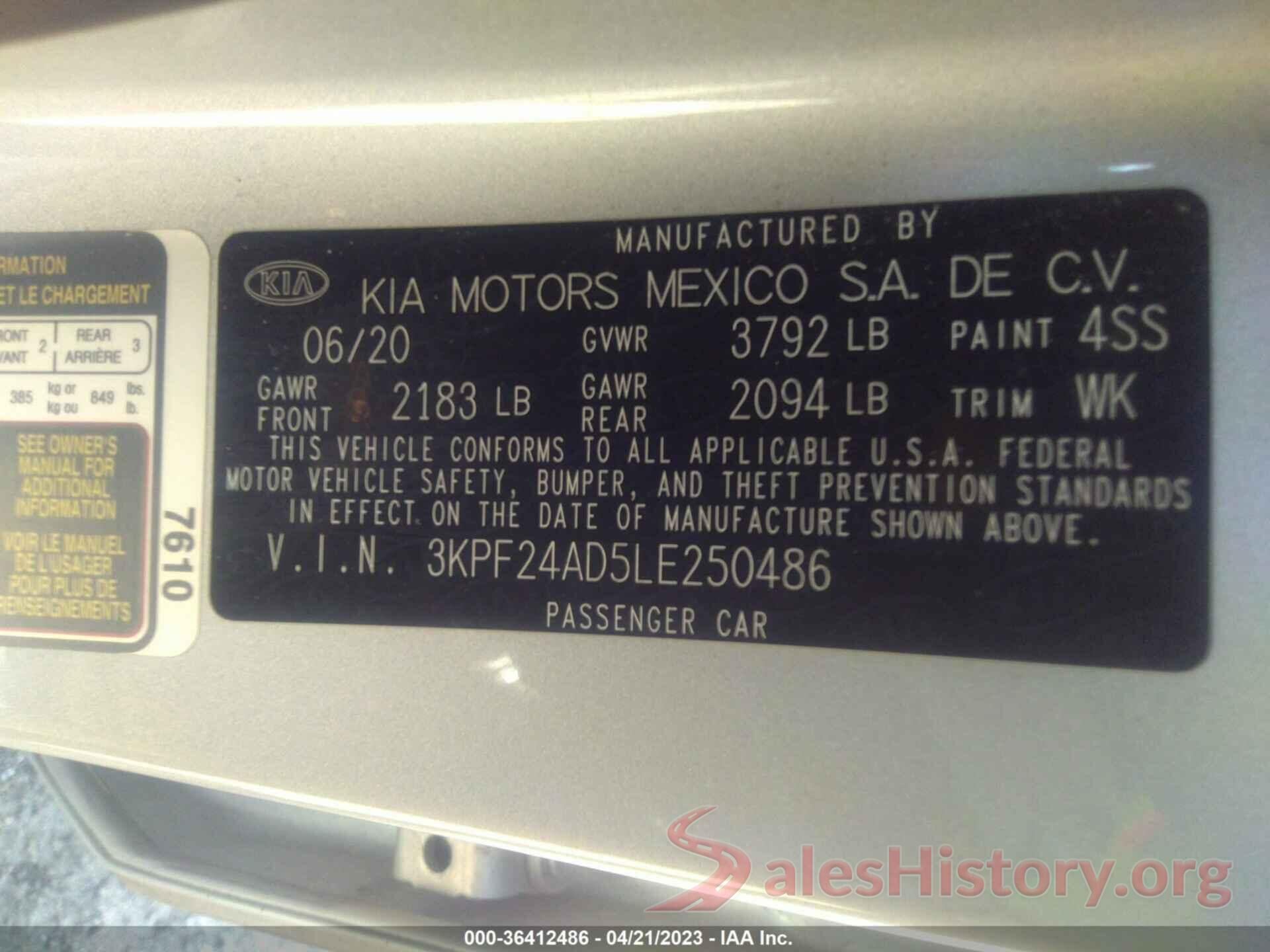 3KPF24AD5LE250486 2020 KIA FORTE