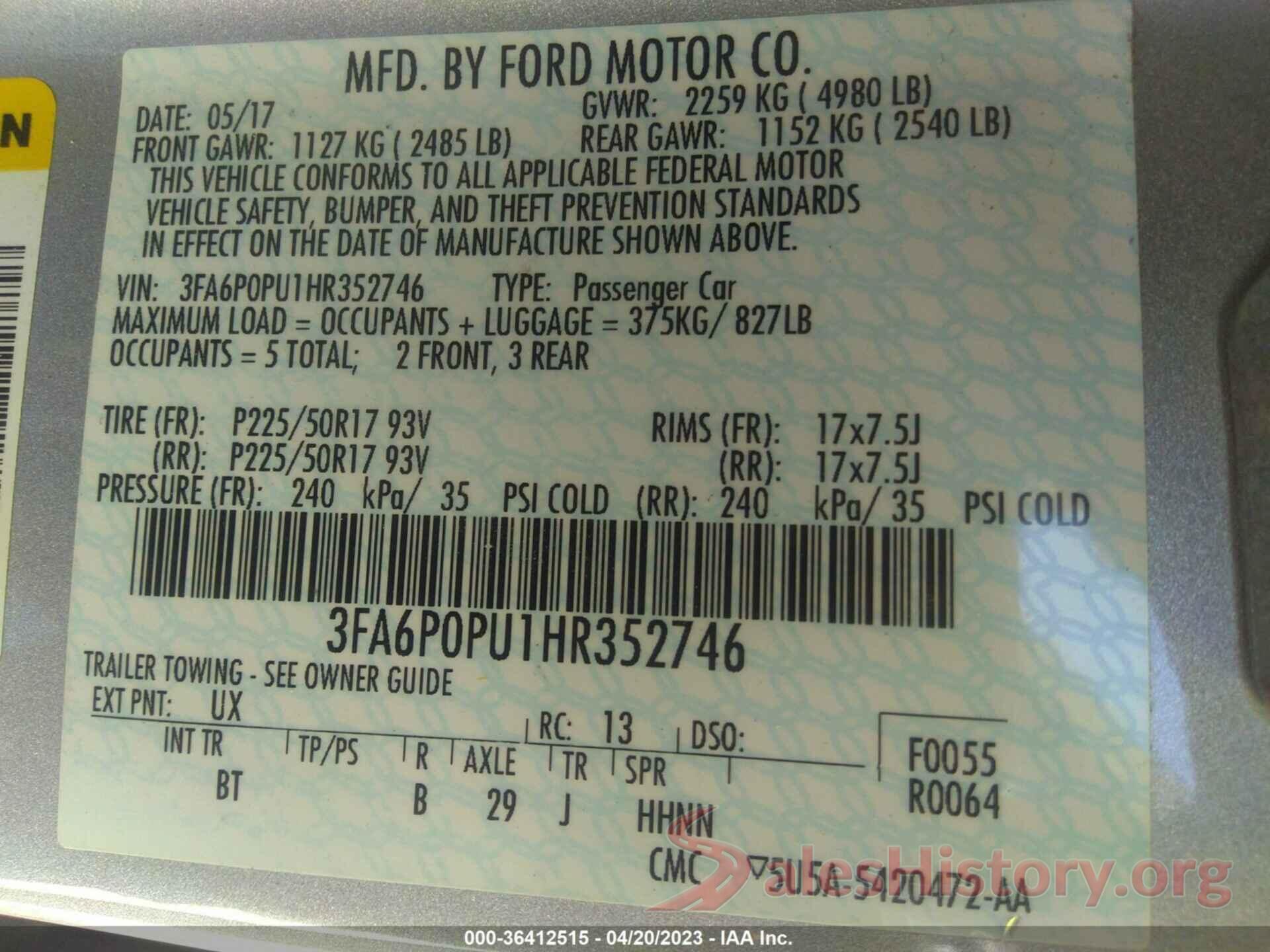 3FA6P0PU1HR352746 2017 FORD FUSION ENERGI