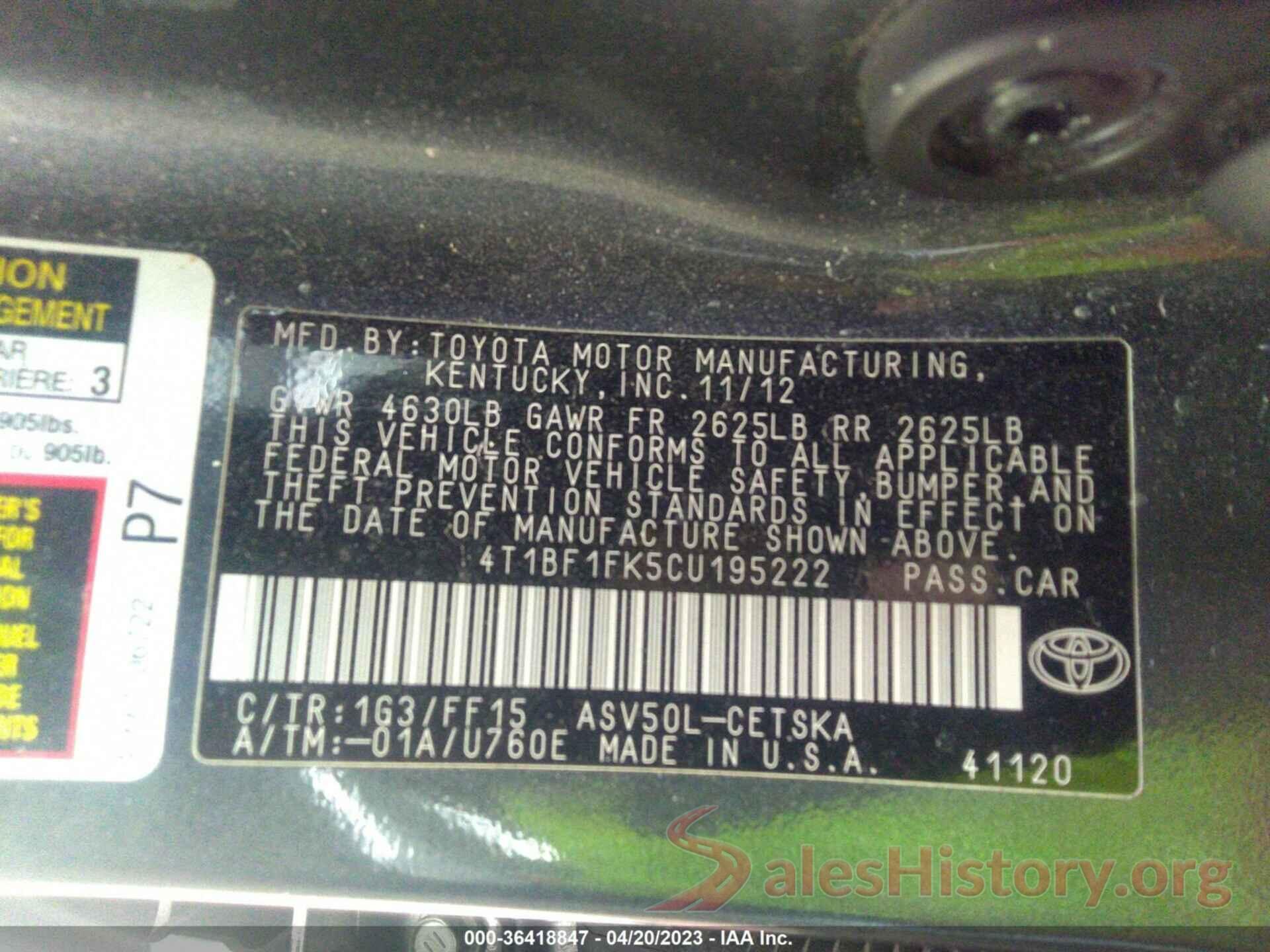 4T1BF1FK5CU195222 2012 TOYOTA CAMRY