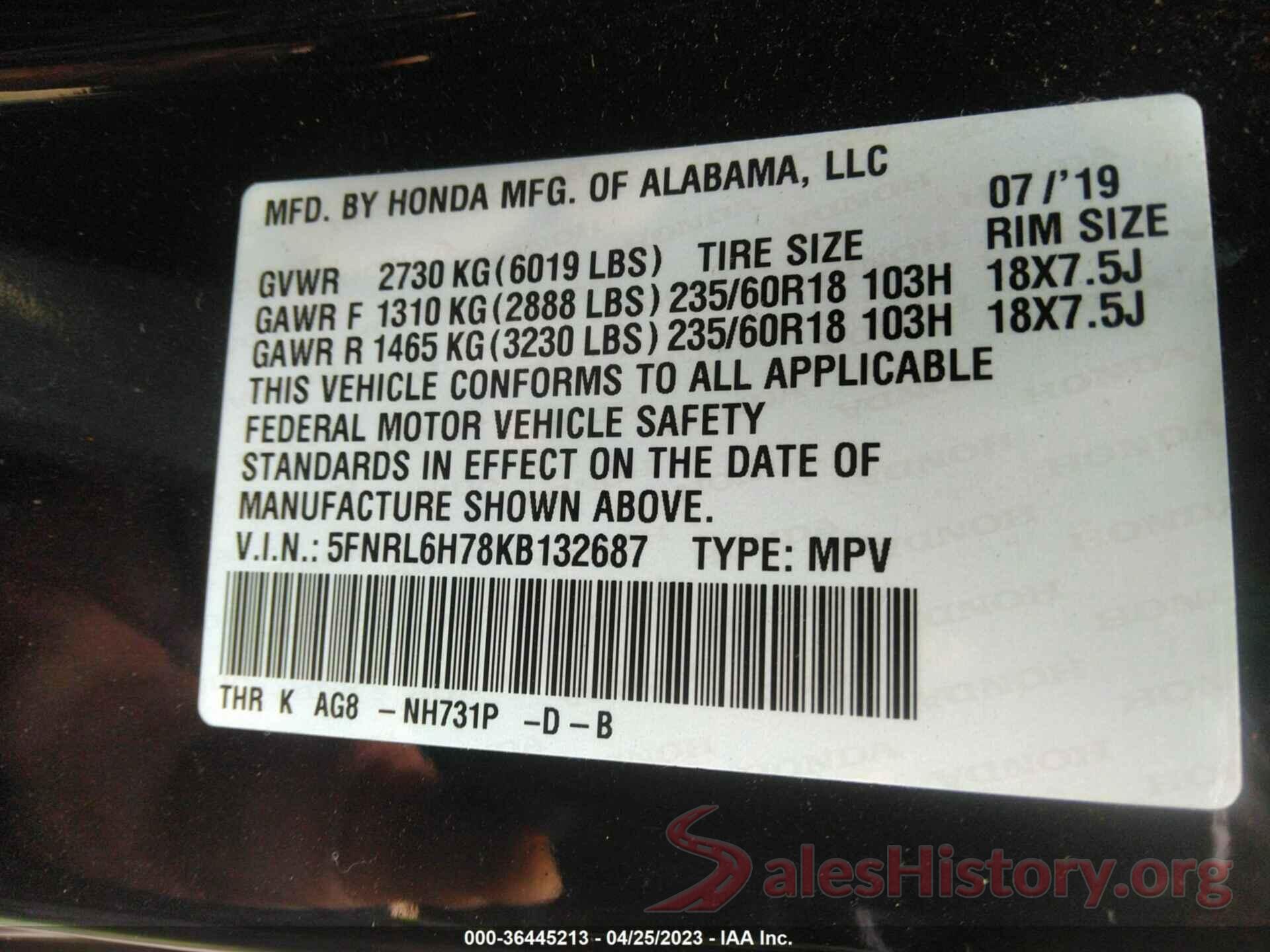 5FNRL6H78KB132687 2019 HONDA ODYSSEY