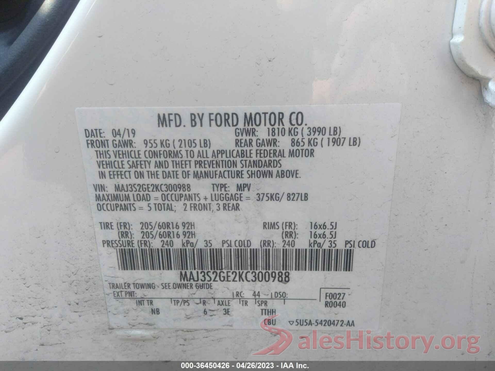 MAJ3S2GE2KC300988 2019 FORD ECOSPORT