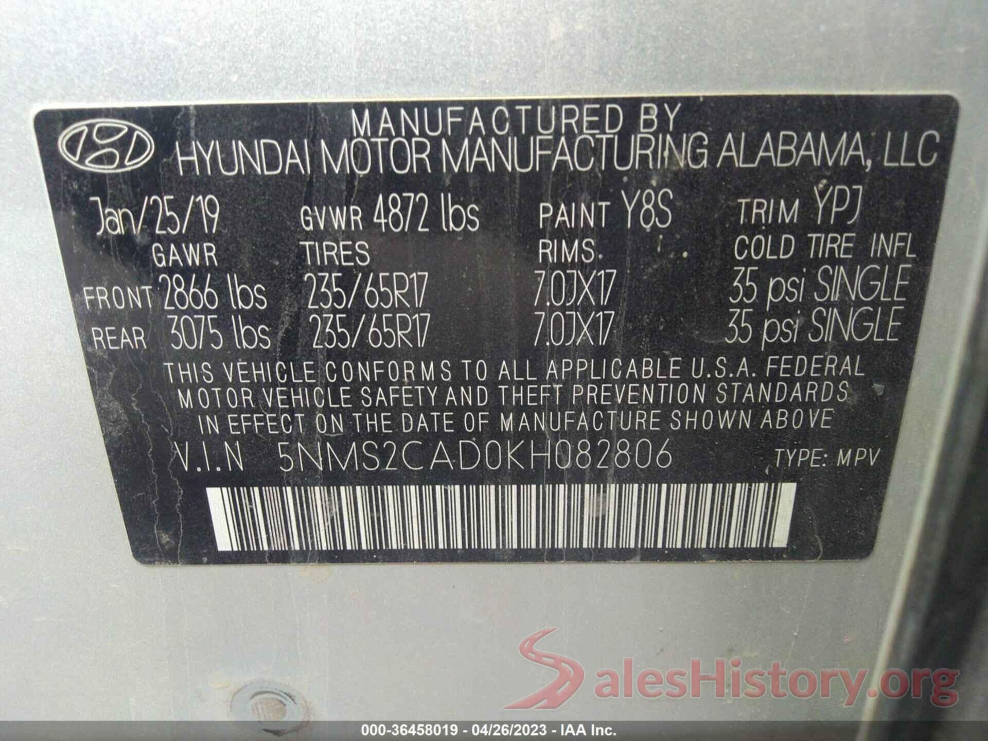 5NMS2CAD0KH082806 2019 HYUNDAI SANTA FE