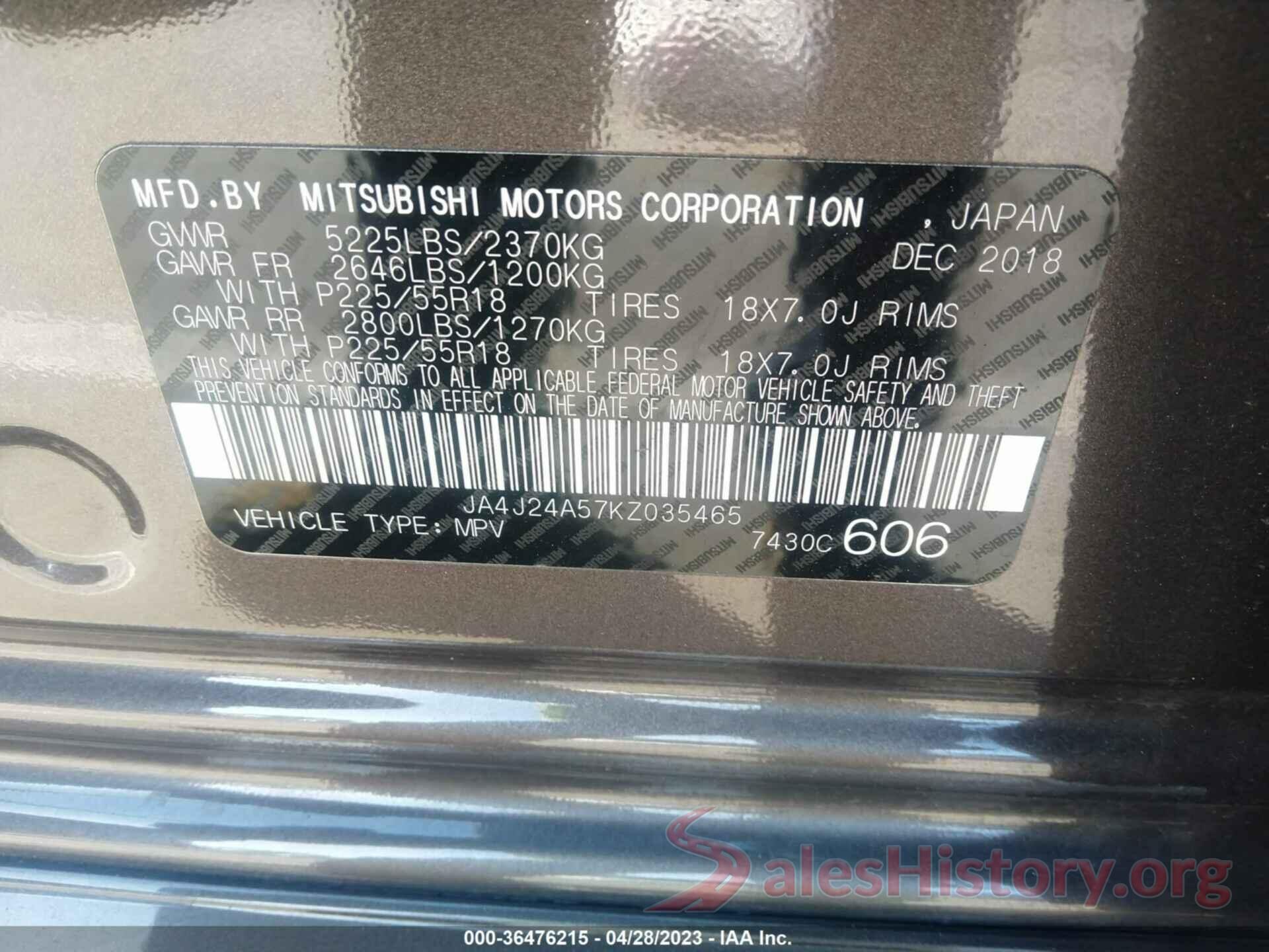 JA4J24A57KZ035465 2019 MITSUBISHI OUTLANDER PHEV