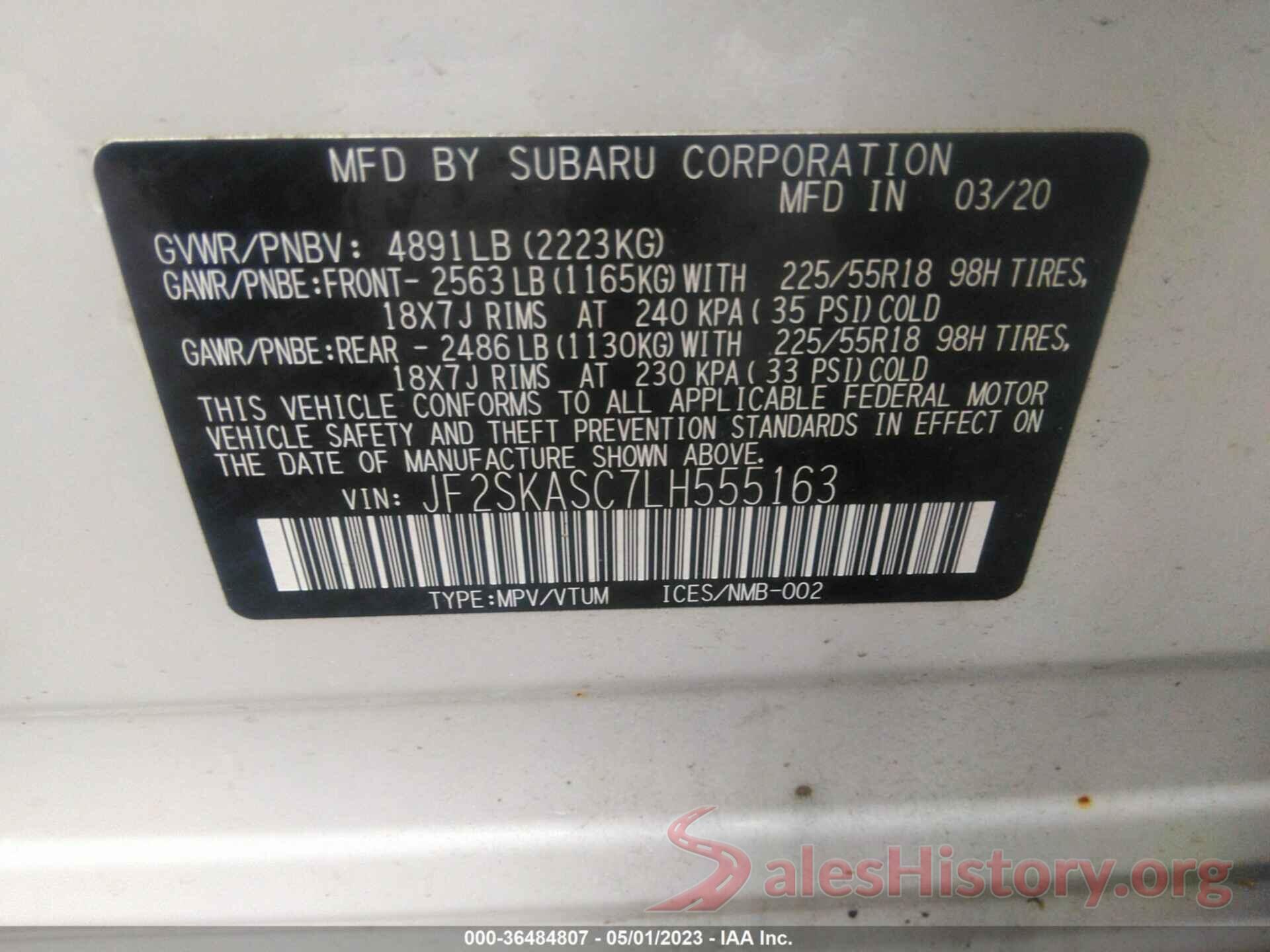 JF2SKASC7LH555163 2020 SUBARU FORESTER