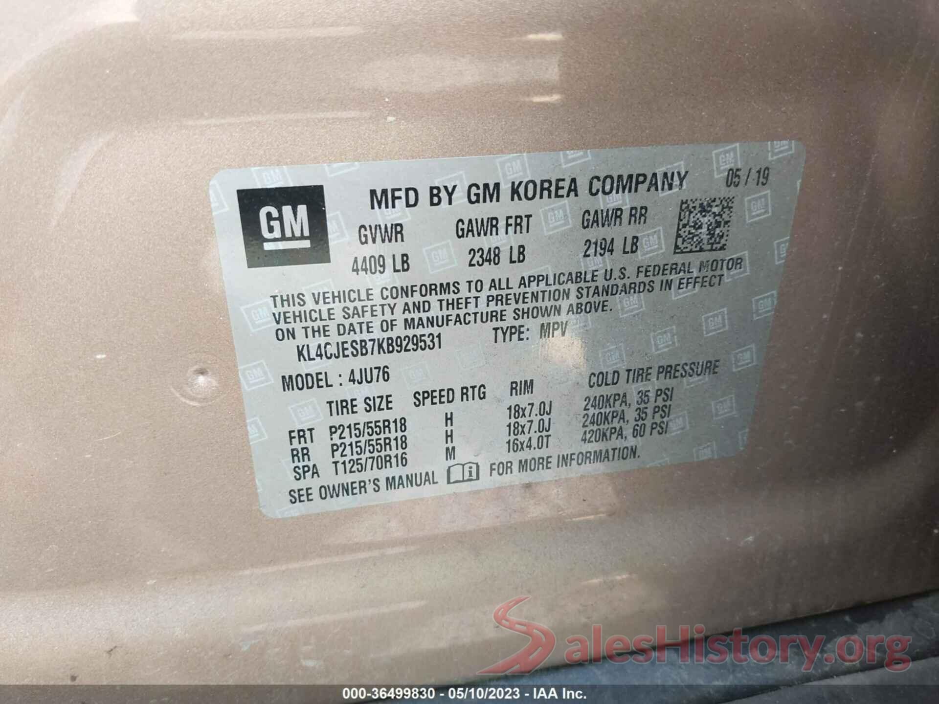 KL4CJESB7KB929531 2019 BUICK ENCORE