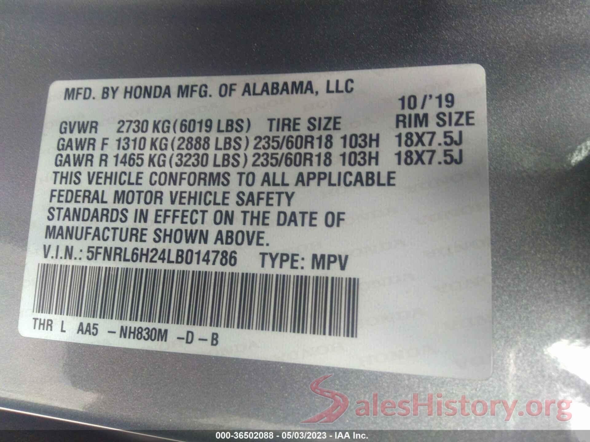 5FNRL6H24LB014786 2020 HONDA ODYSSEY