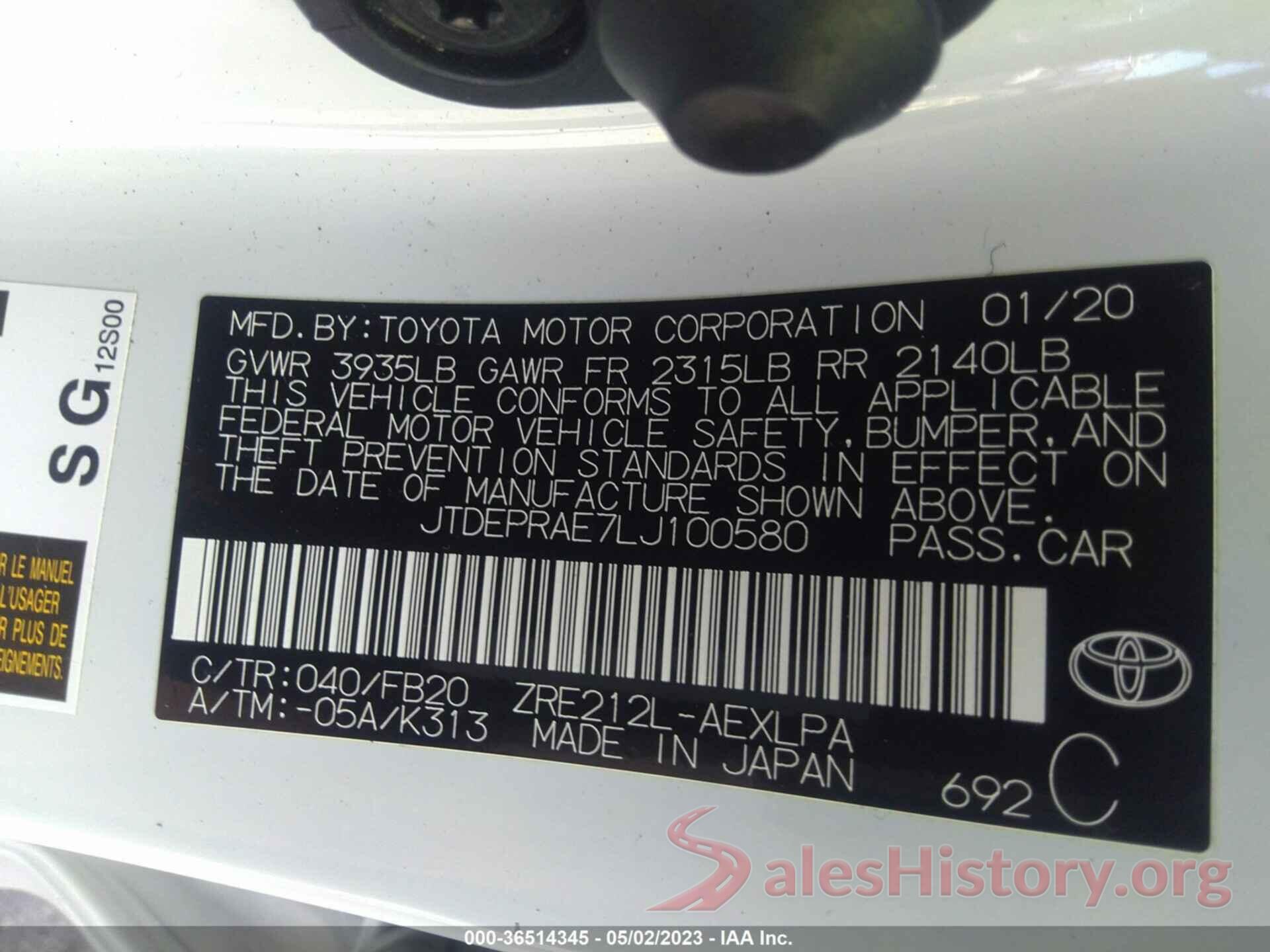 JTDEPRAE7LJ100580 2020 TOYOTA COROLLA