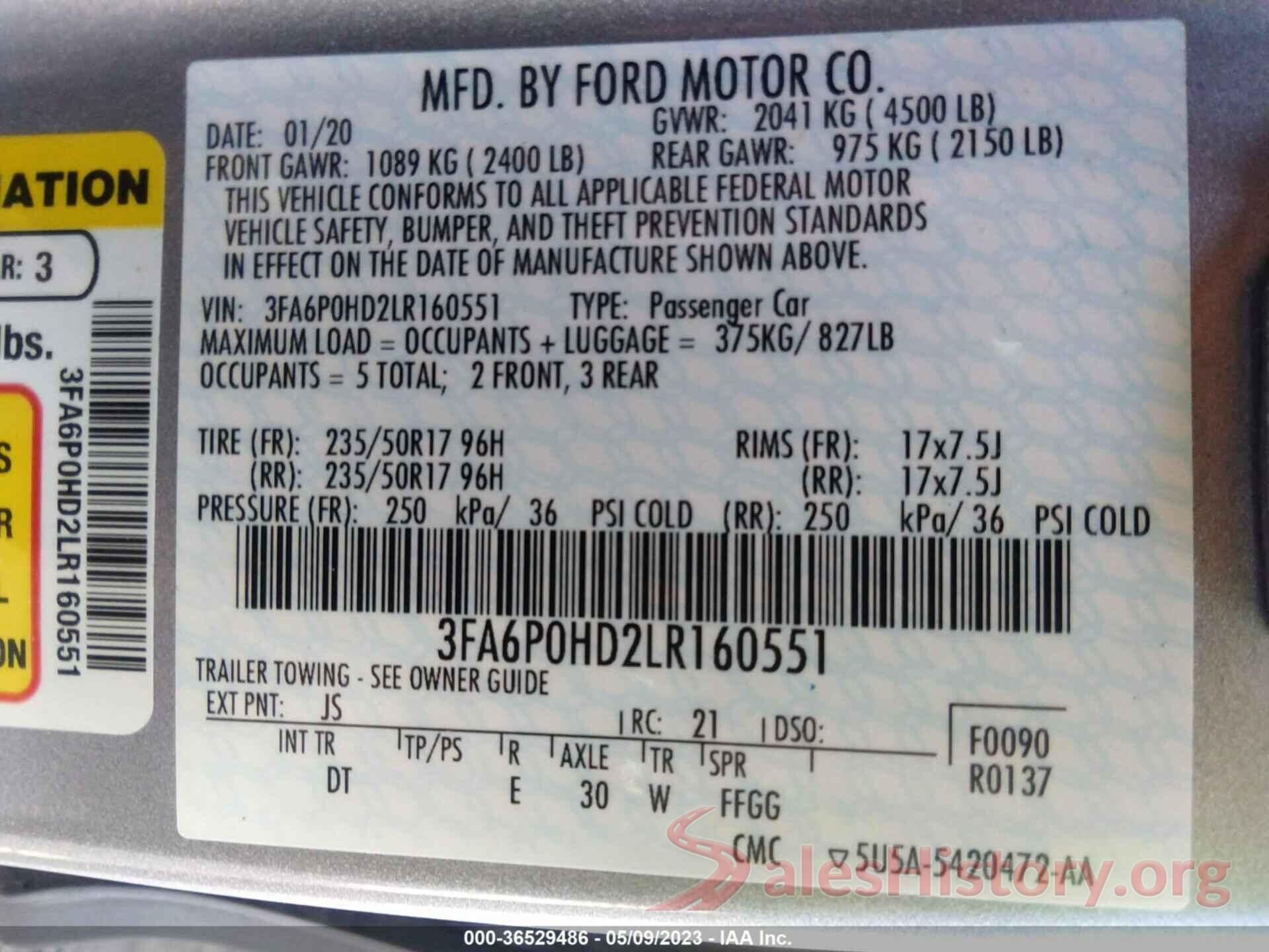 3FA6P0HD2LR160551 2020 FORD FUSION