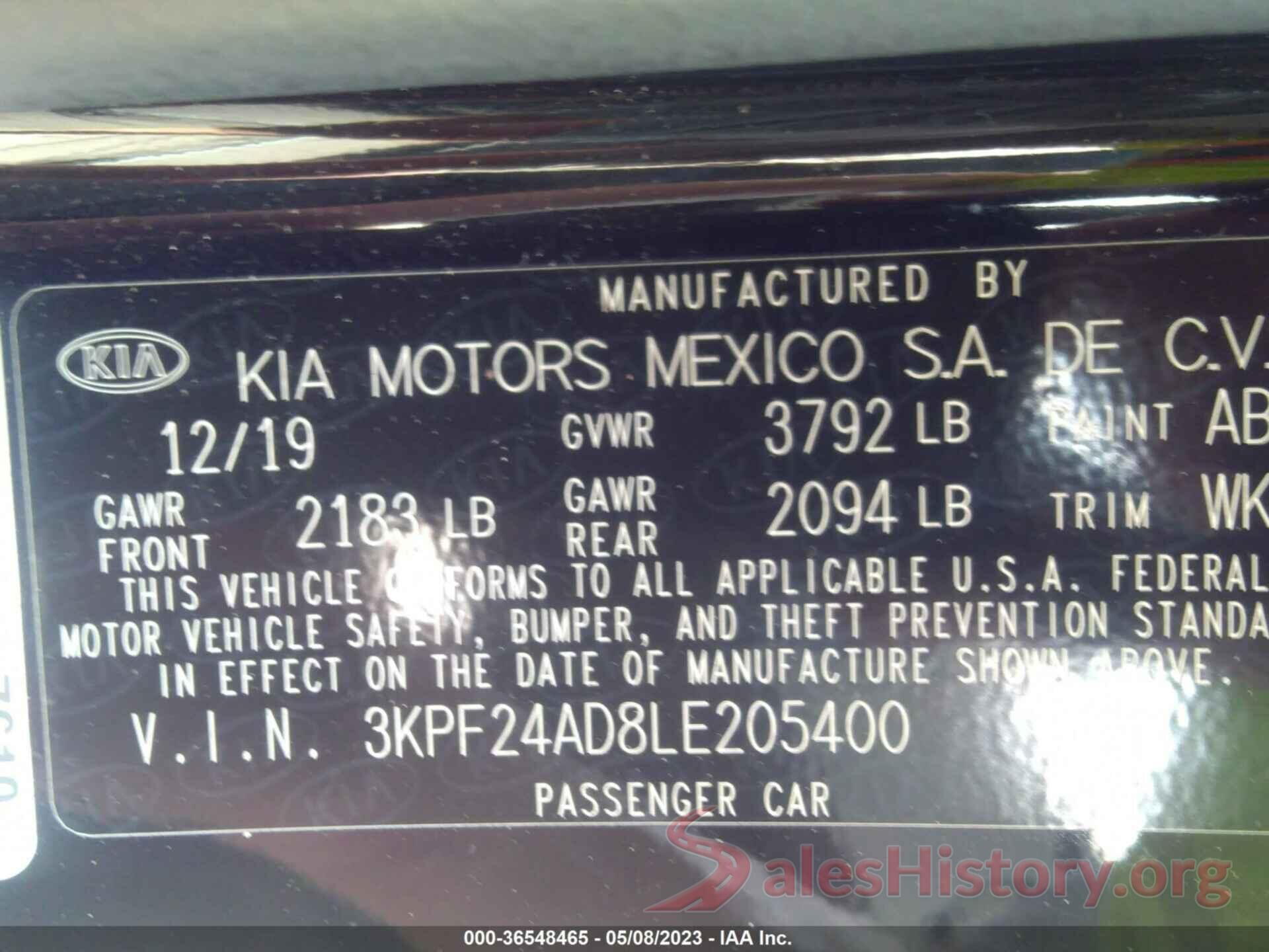 3KPF24AD8LE205400 2020 KIA FORTE