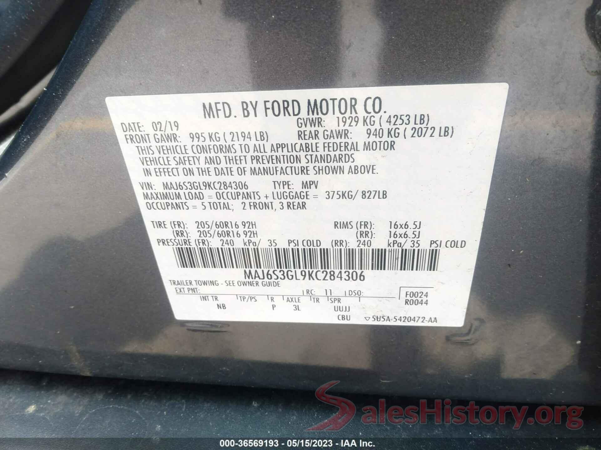 MAJ6S3GL9KC284306 2019 FORD ECOSPORT