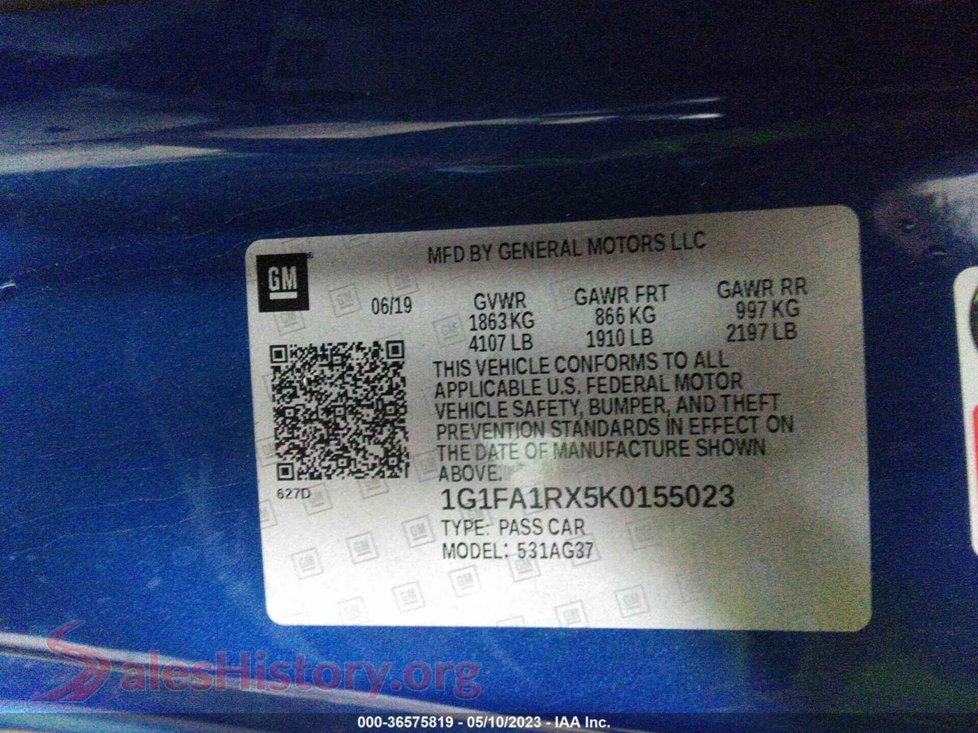 2019 CHEVROLET CAMARO VIN 1G1FA1RX5K0155023, engine bay