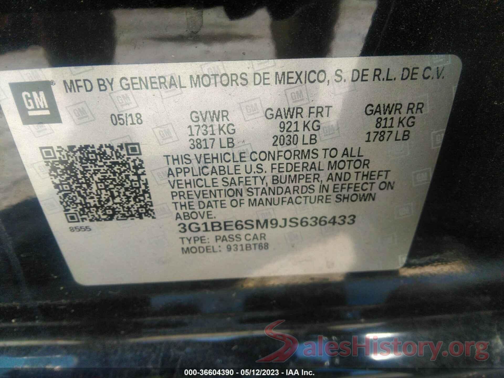 3G1BE6SM9JS636433 2018 CHEVROLET CRUZE