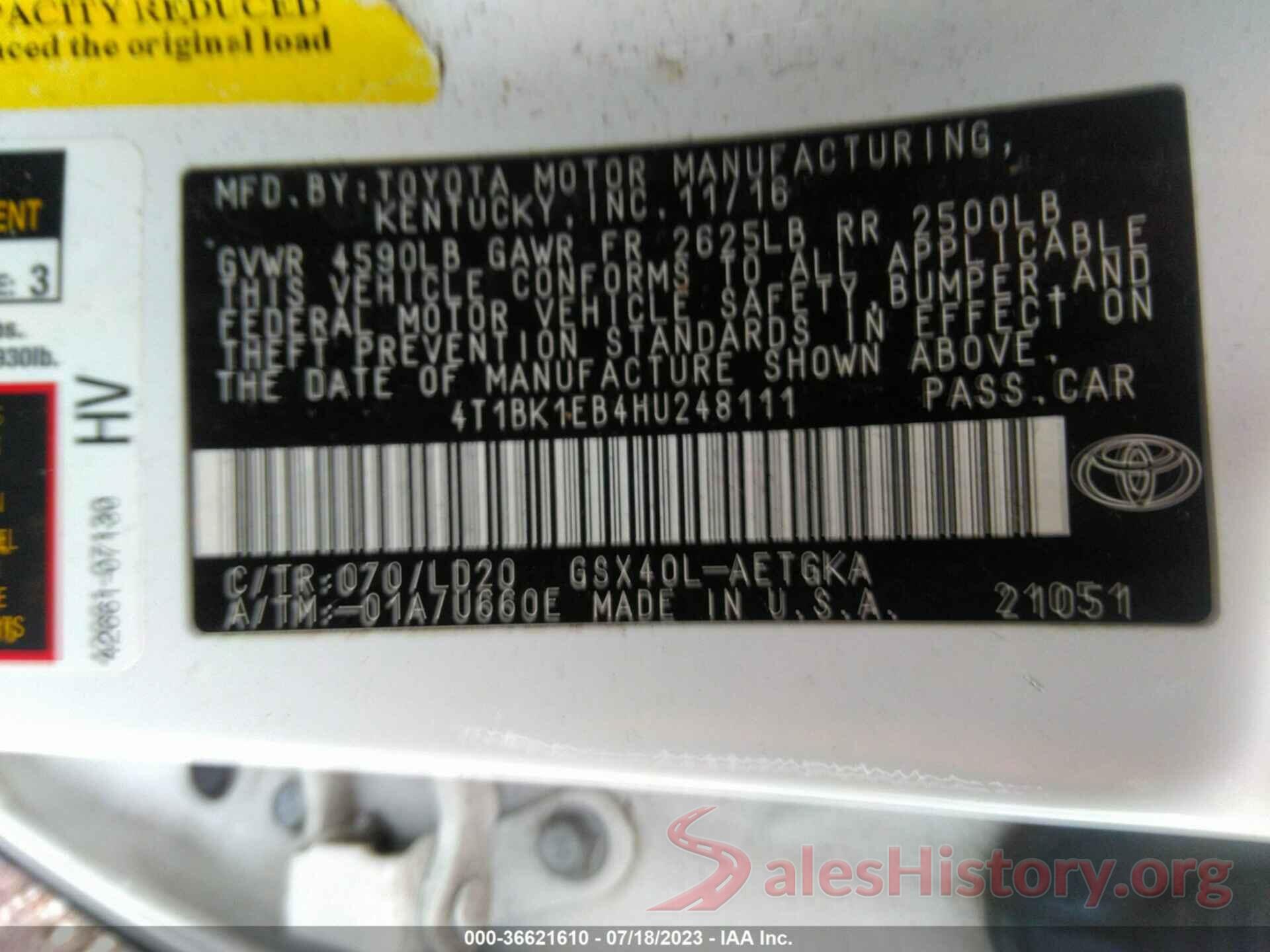 4T1BK1EB4HU248111 2017 TOYOTA AVALON