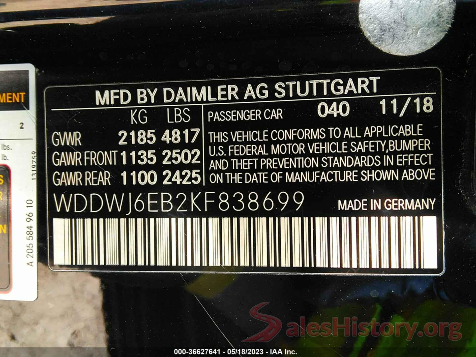 WDDWJ6EB2KF838699 2019 MERCEDES-BENZ C-CLASS