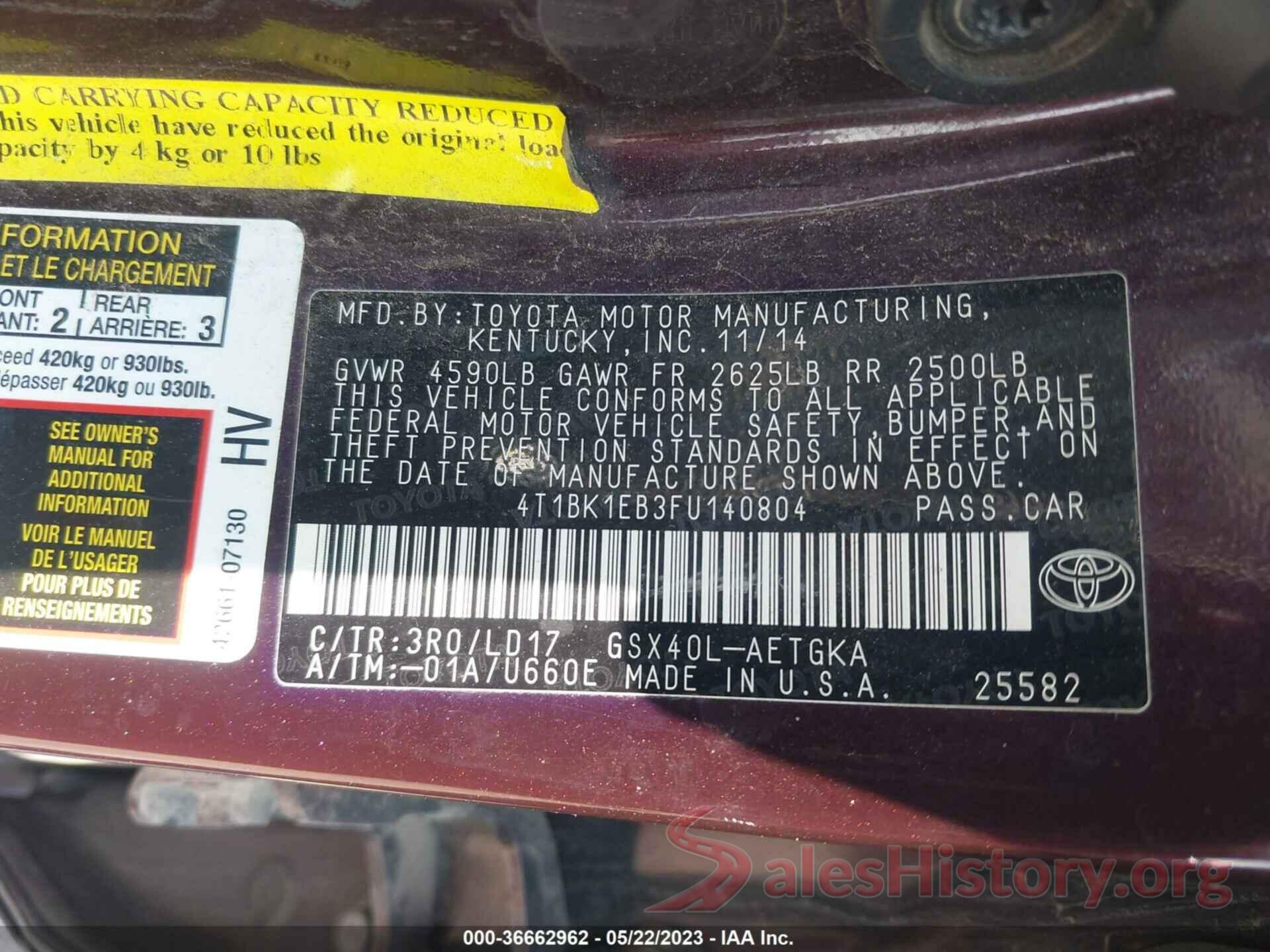 4T1BK1EB3FU140804 2015 TOYOTA AVALON