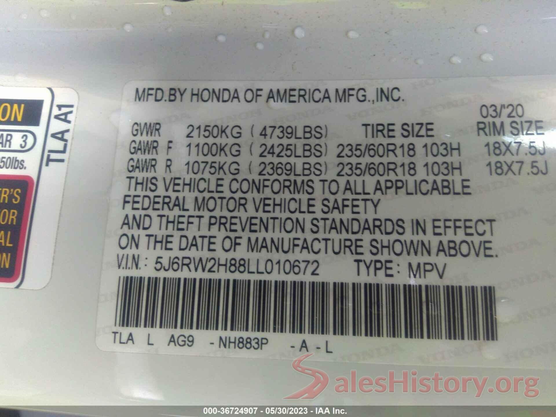 5J6RW2H88LL010672 2020 HONDA CR-V