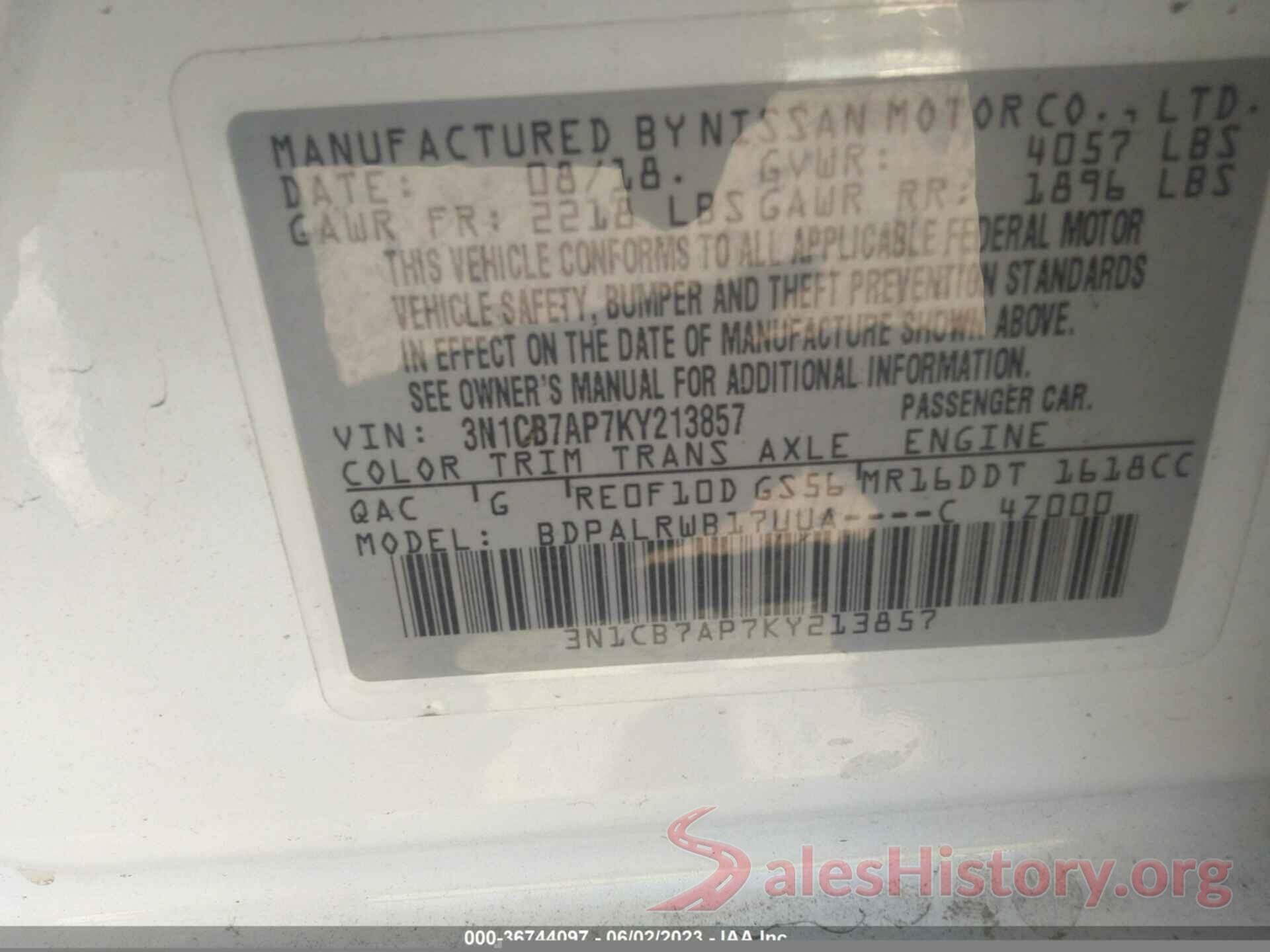 3N1CB7AP7KY213857 2019 NISSAN SENTRA