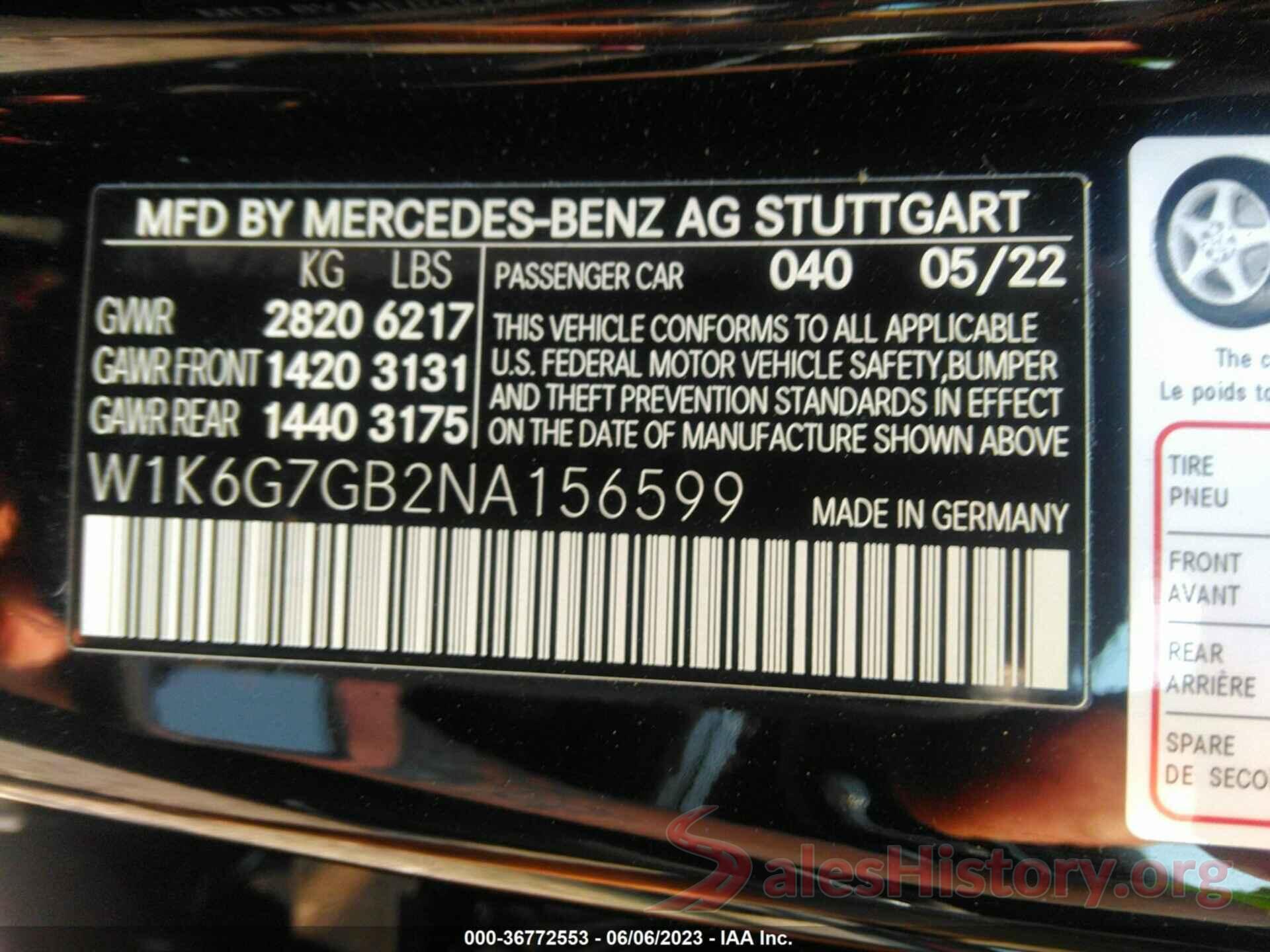 W1K6G7GB2NA156599 2022 MERCEDES-BENZ S-CLASS