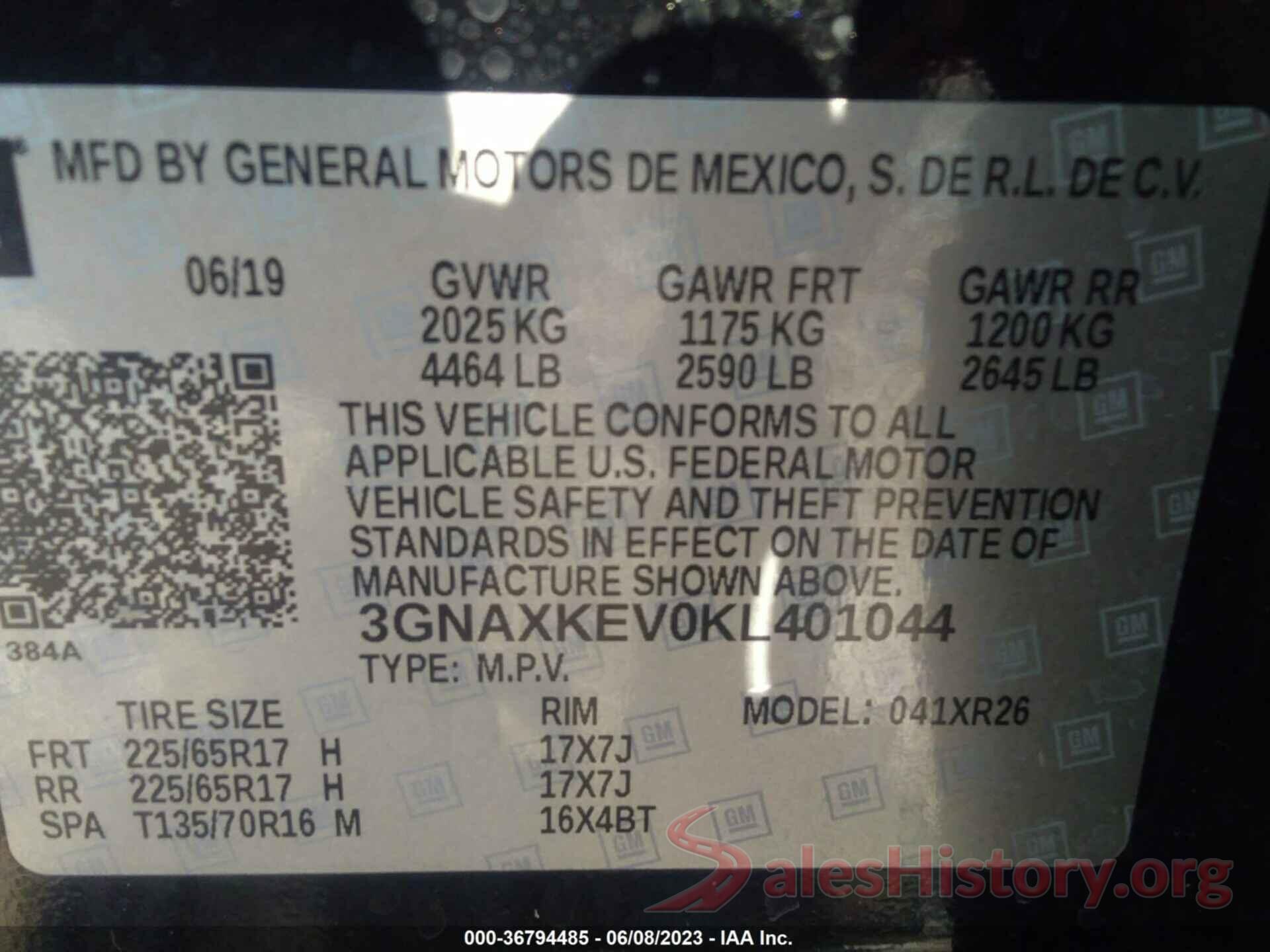 3GNAXKEV0KL401044 2019 CHEVROLET EQUINOX