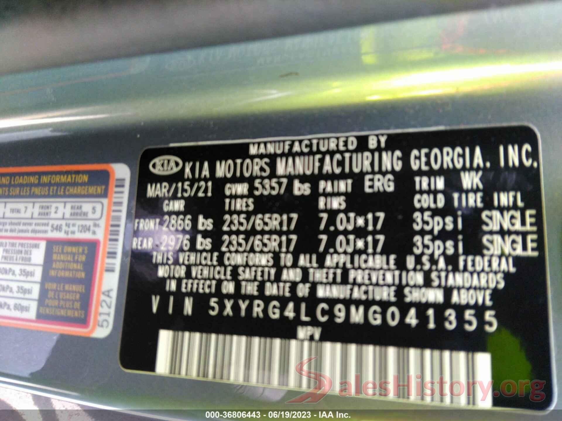 5XYRG4LC9MG041355 2021 KIA SORENTO