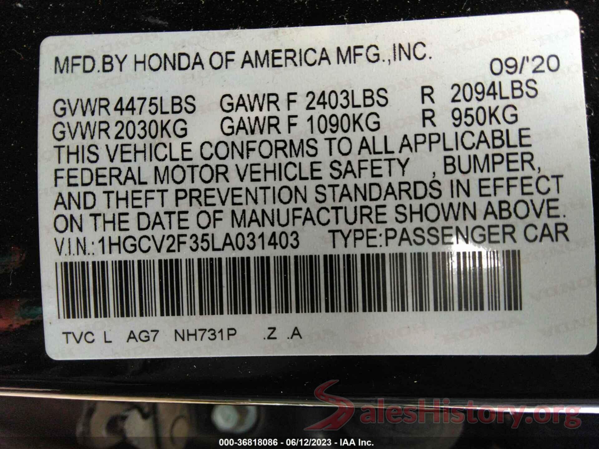 1HGCV2F35LA031403 2020 HONDA ACCORD SEDAN