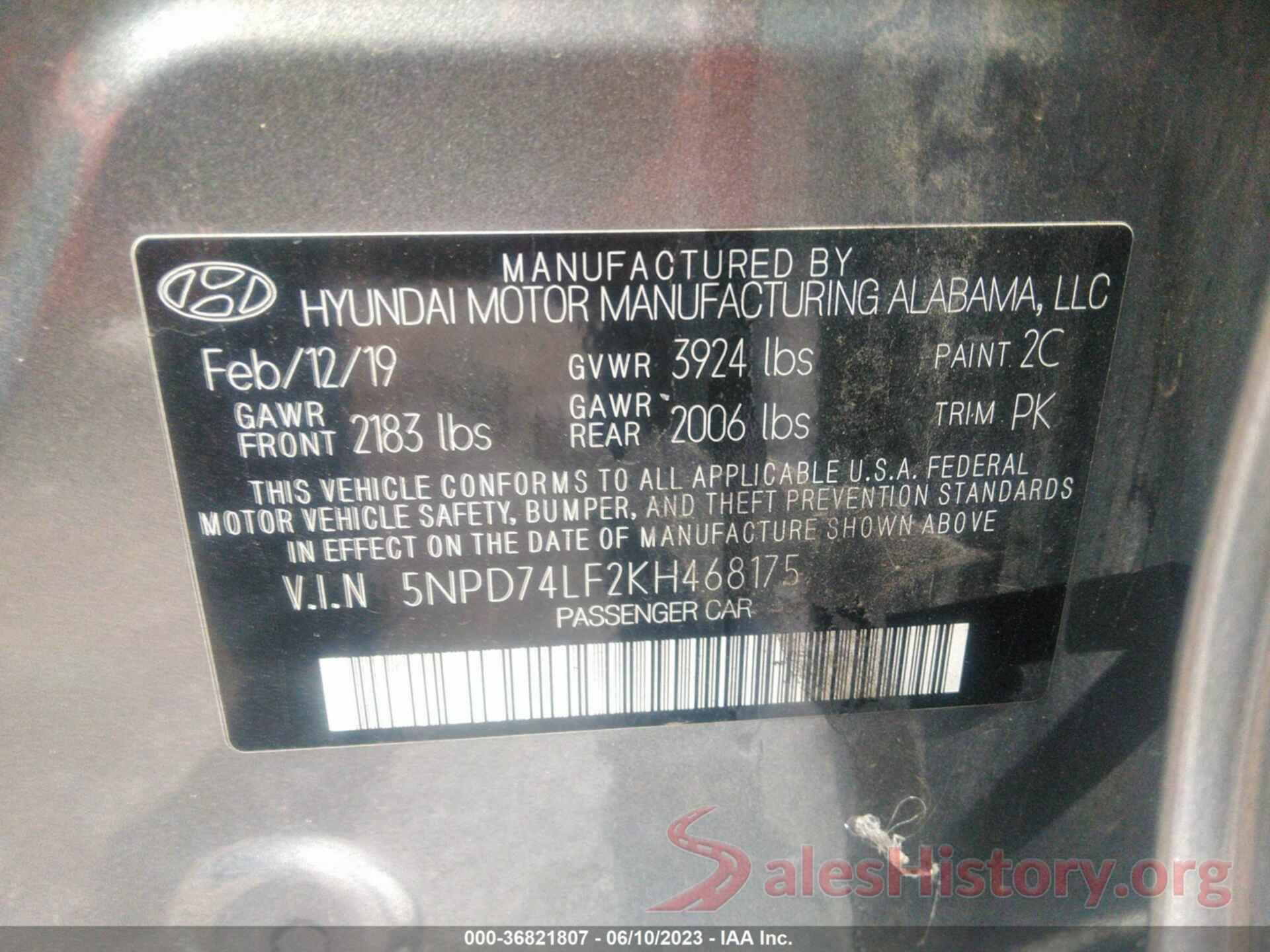 5NPD74LF2KH468175 2019 HYUNDAI ELANTRA