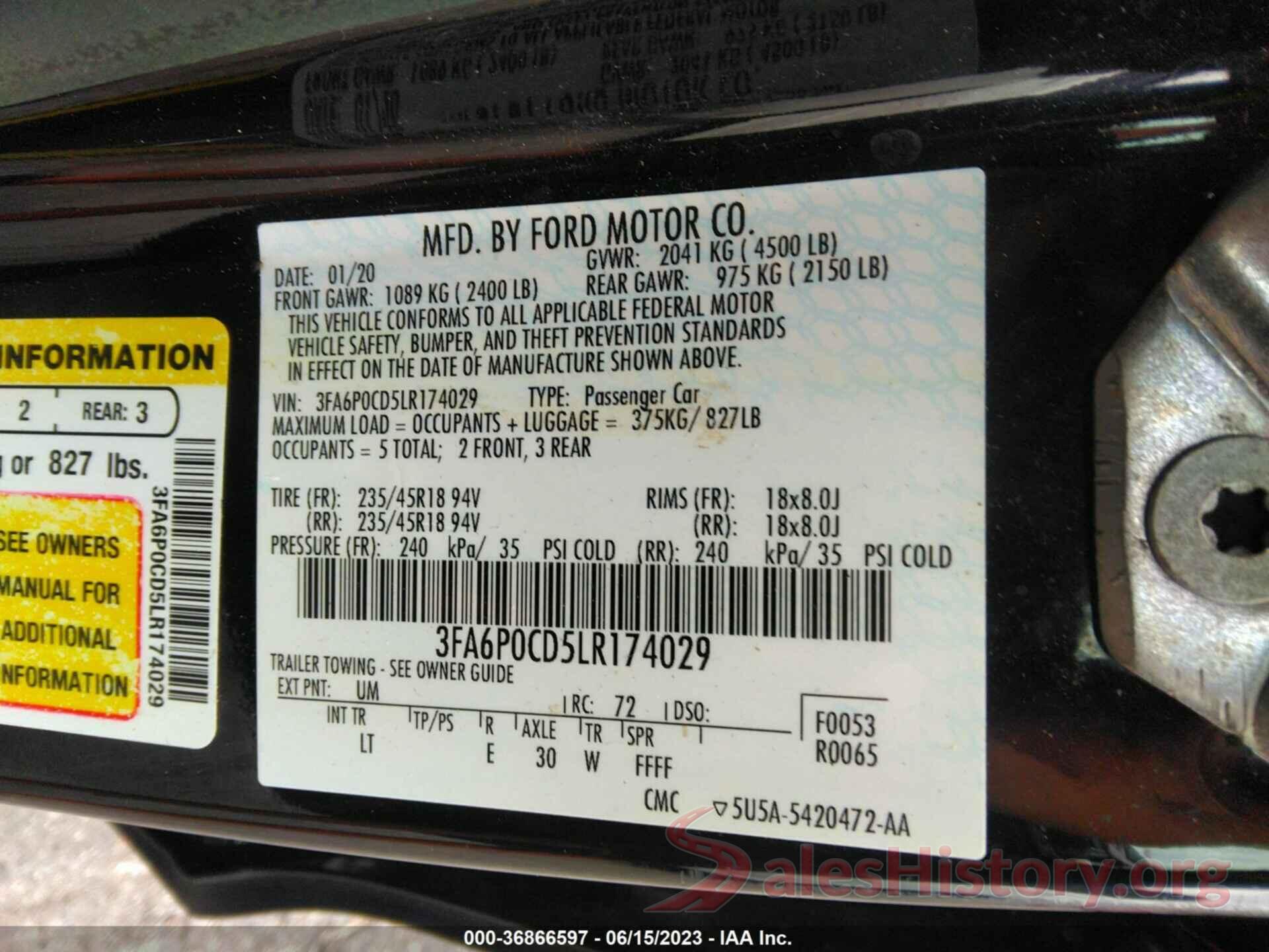 3FA6P0CD5LR174029 2020 FORD FUSION