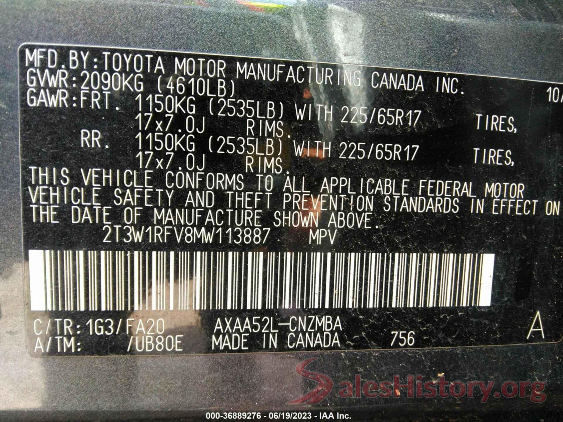 2T3W1RFV8MW113887 2021 TOYOTA RAV4