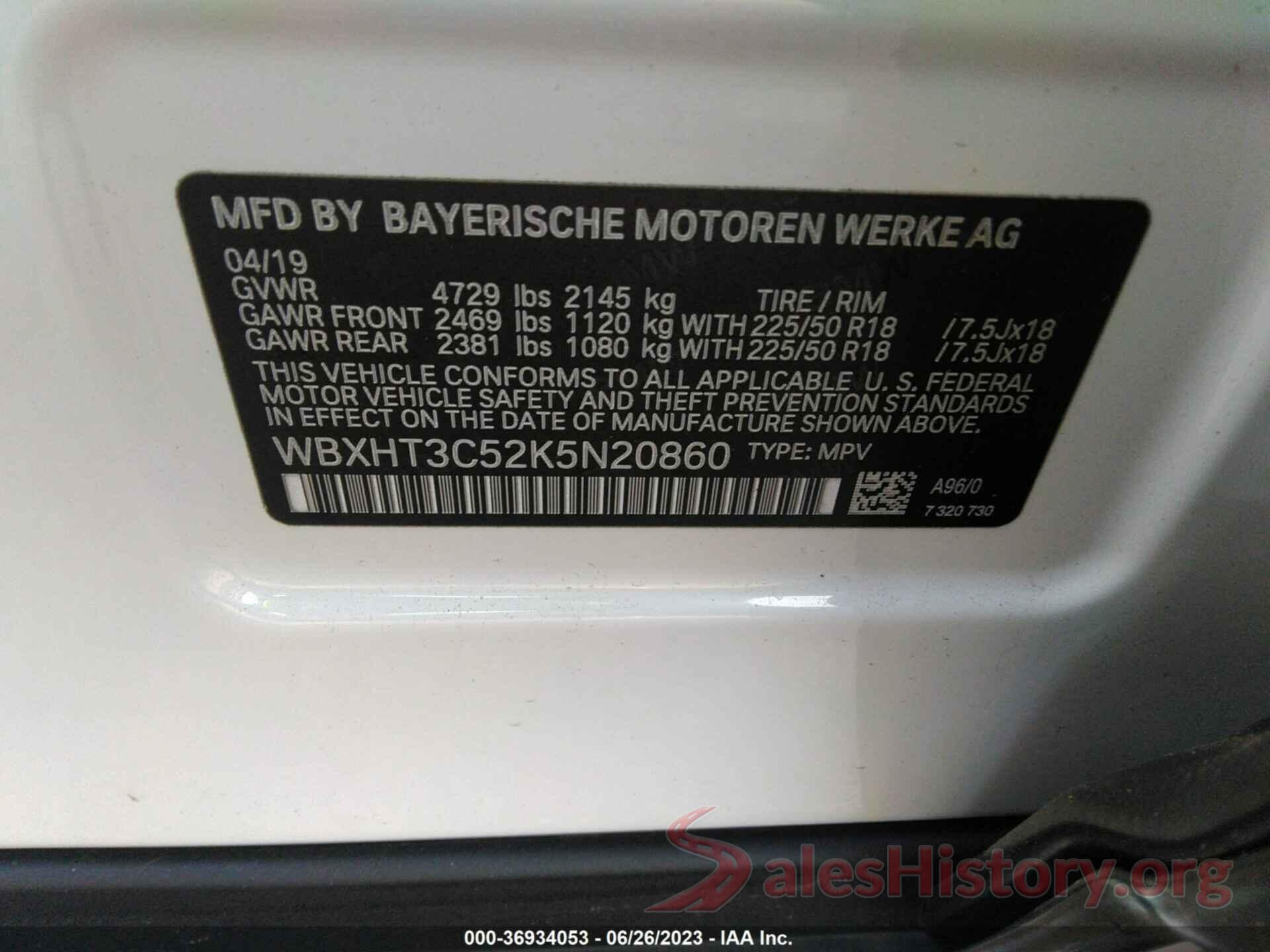 WBXHT3C52K5N20860 2019 BMW X1